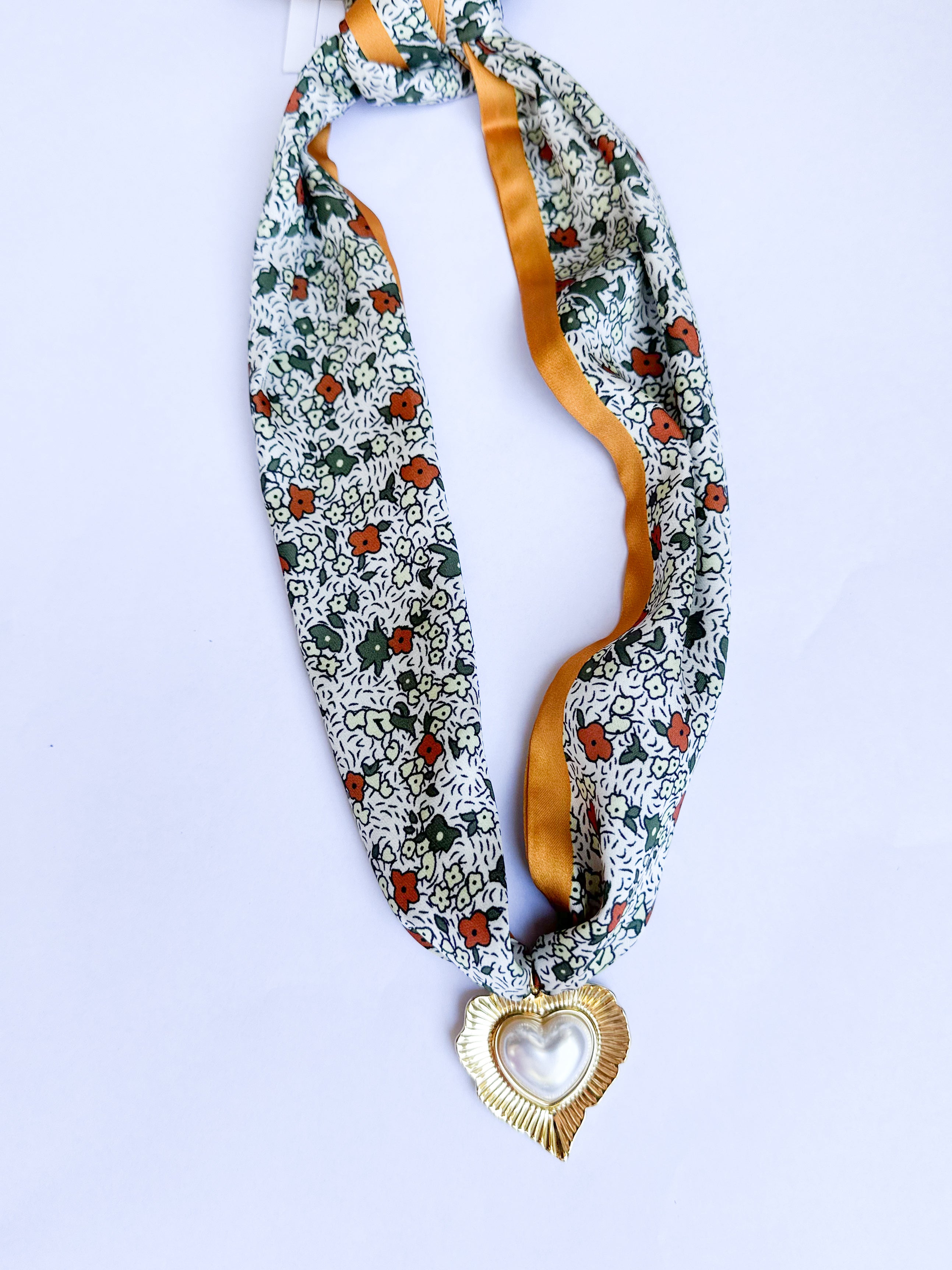 Scarf Necklace - Mustard Florals & Gold Heart-110 Jewelry & Hair-HART DESIGNS-July & June Women's Fashion Boutique Located in San Antonio, Texas