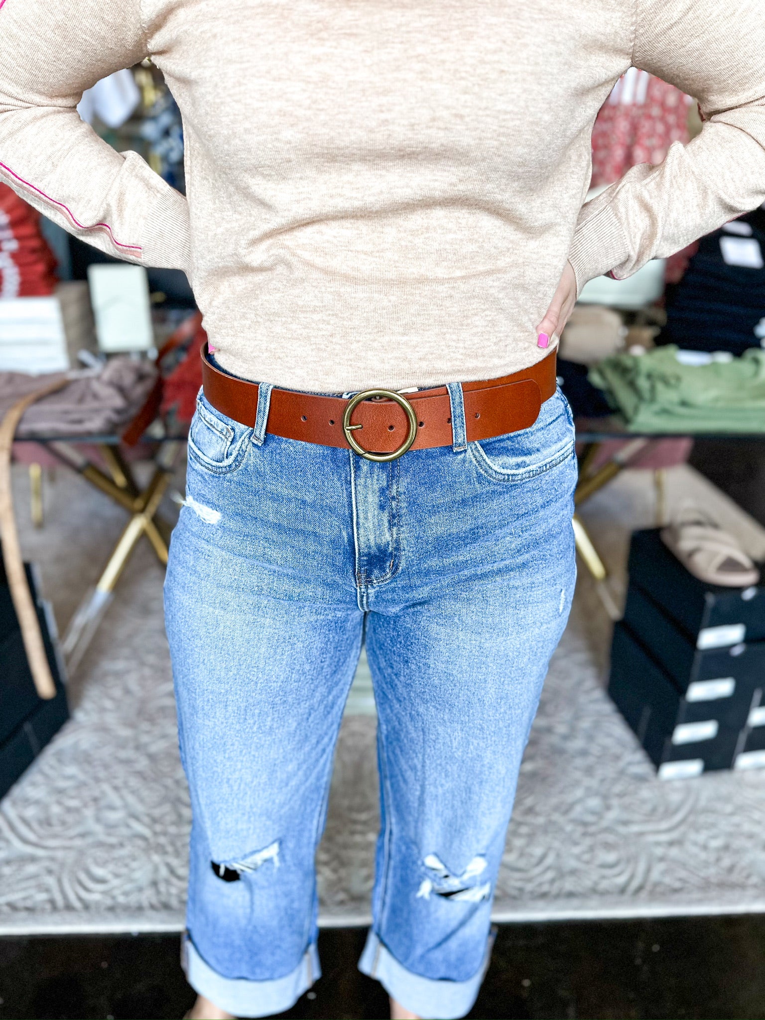 Wide Copper Tone Circle Belt Tan - 4 Sizes-130 Accessories-Most Wanted USA-July & June Women's Fashion Boutique Located in San Antonio, Texas