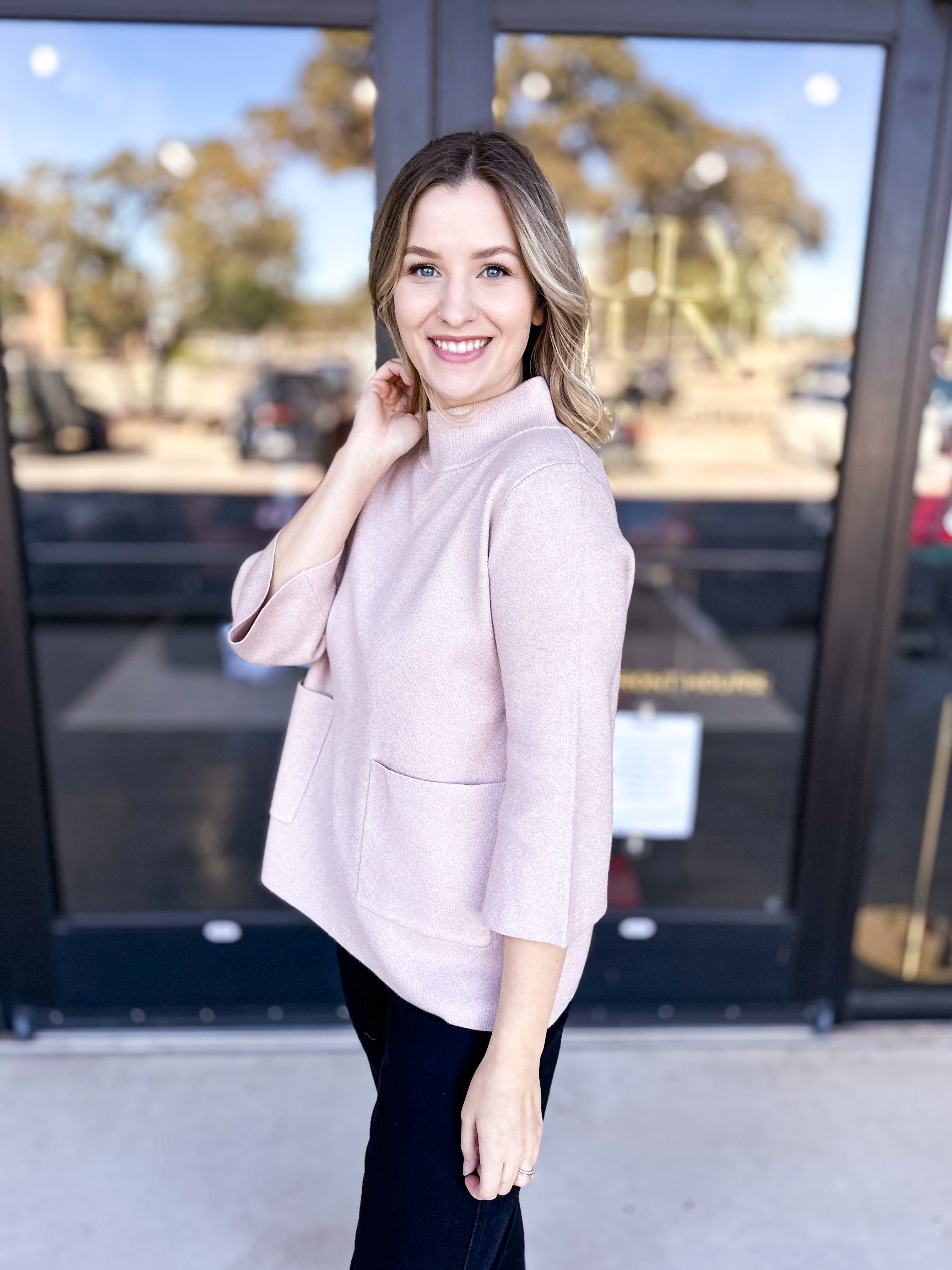 Sparkle Mock Neck Sweater- Rosé-230 Sweaters/Cardis-FATE-July & June Women's Fashion Boutique Located in San Antonio, Texas