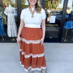 Rust Lace Midi Skirt-410 Shorts/Skirts-LISTICLE-July & June Women's Fashion Boutique Located in San Antonio, Texas
