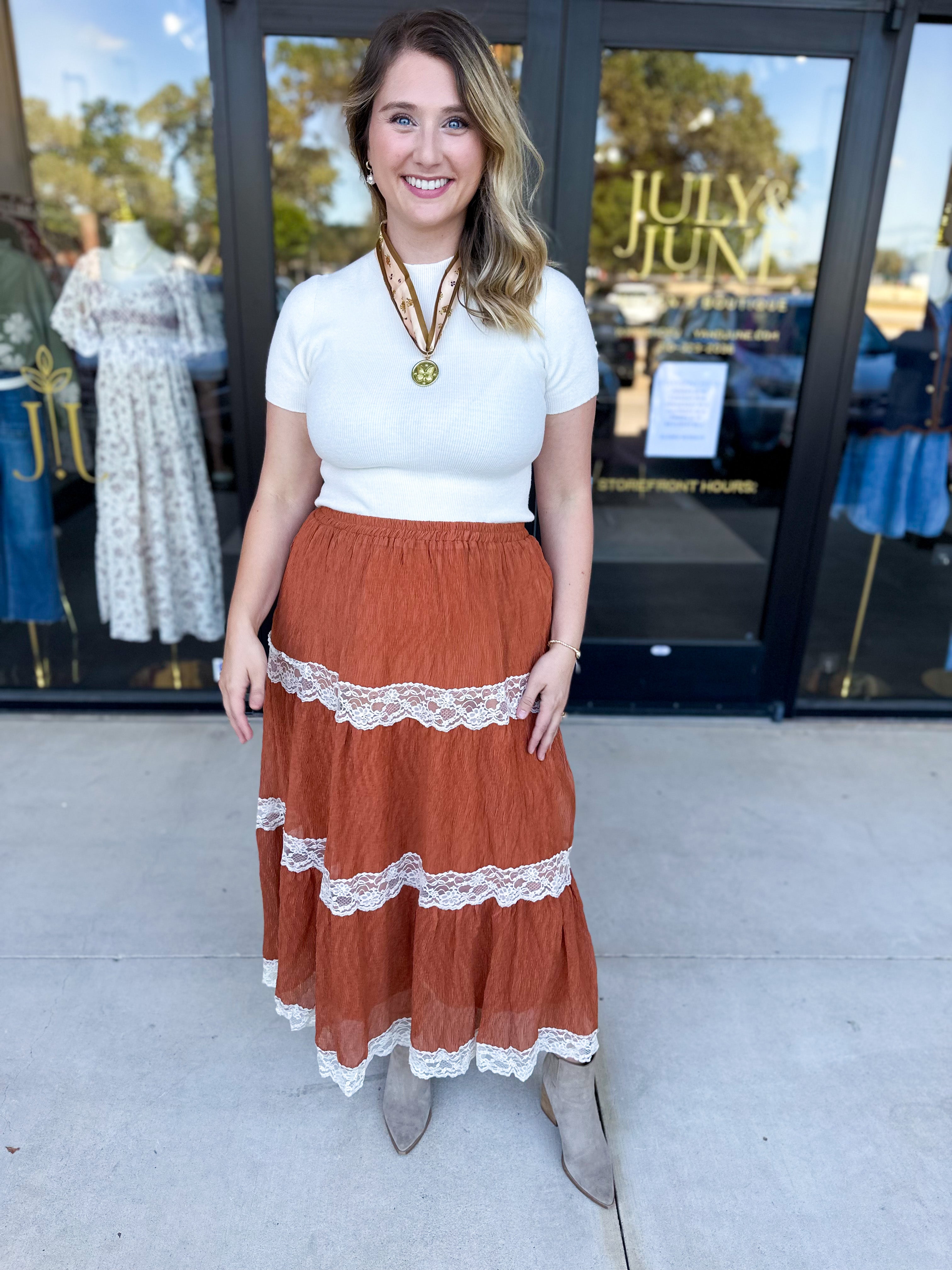 Rust Lace Midi Skirt-410 Shorts/Skirts-LISTICLE-July & June Women's Fashion Boutique Located in San Antonio, Texas
