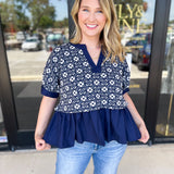 The Fall Peplum Top - Navy-200 Fashion Blouses-ENTRO-July & June Women's Fashion Boutique Located in San Antonio, Texas