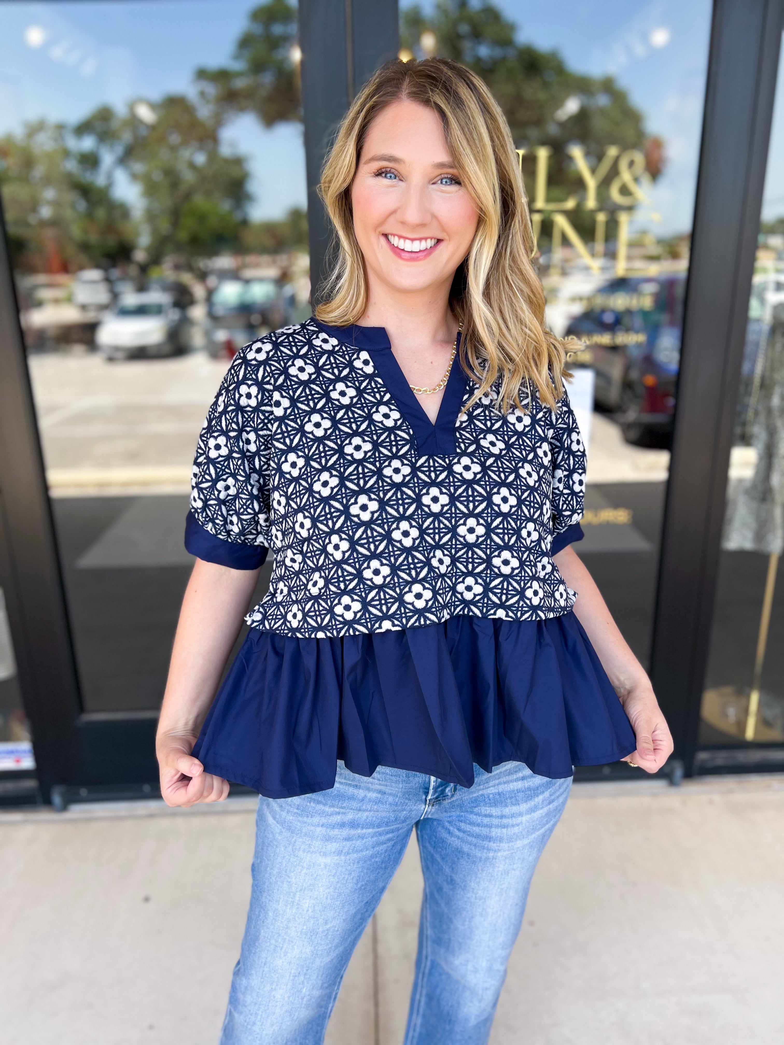 The Fall Peplum Top - Navy-200 Fashion Blouses-ENTRO-July & June Women's Fashion Boutique Located in San Antonio, Texas