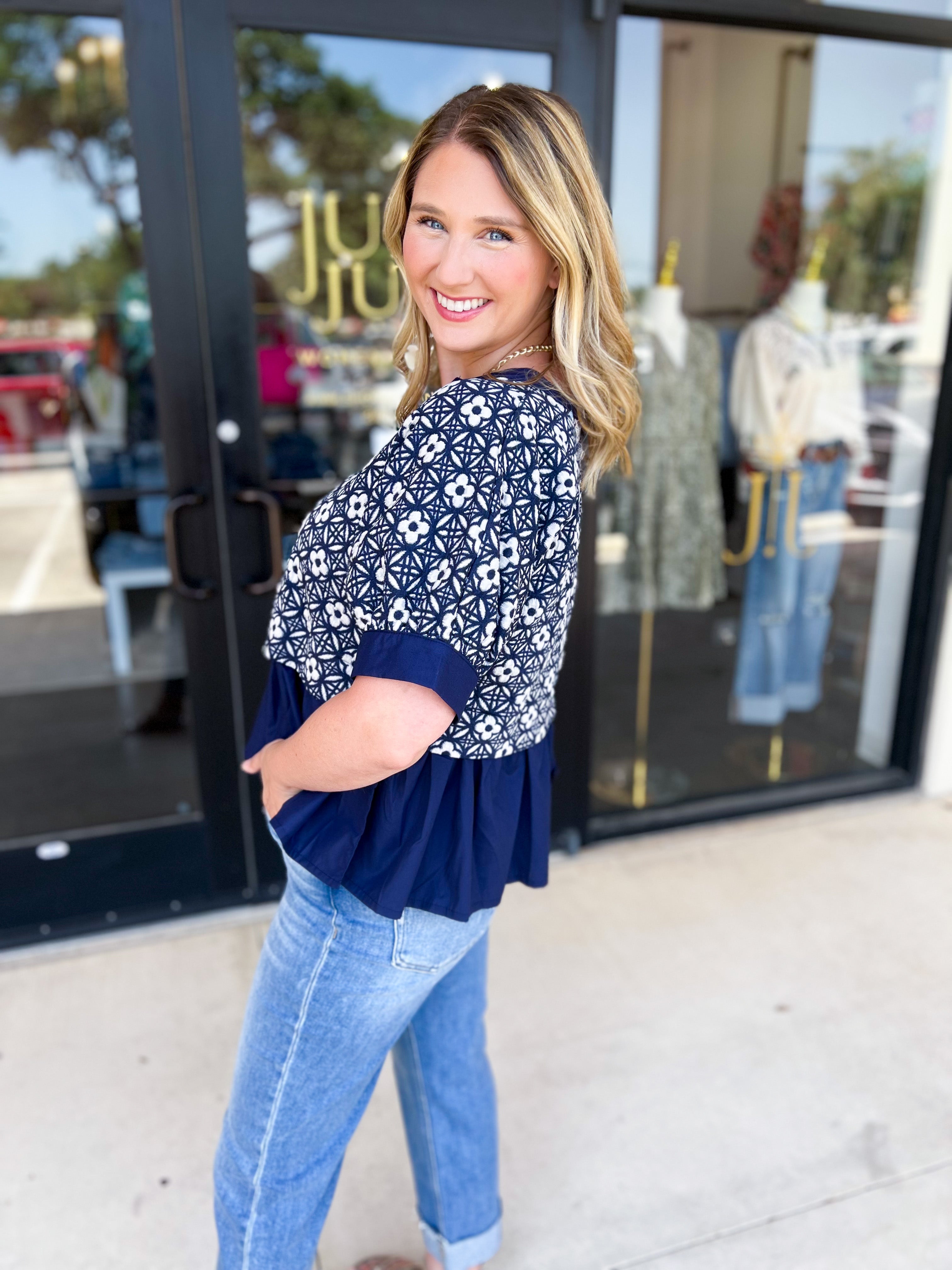 The Fall Peplum Top - Navy-200 Fashion Blouses-ENTRO-July & June Women's Fashion Boutique Located in San Antonio, Texas