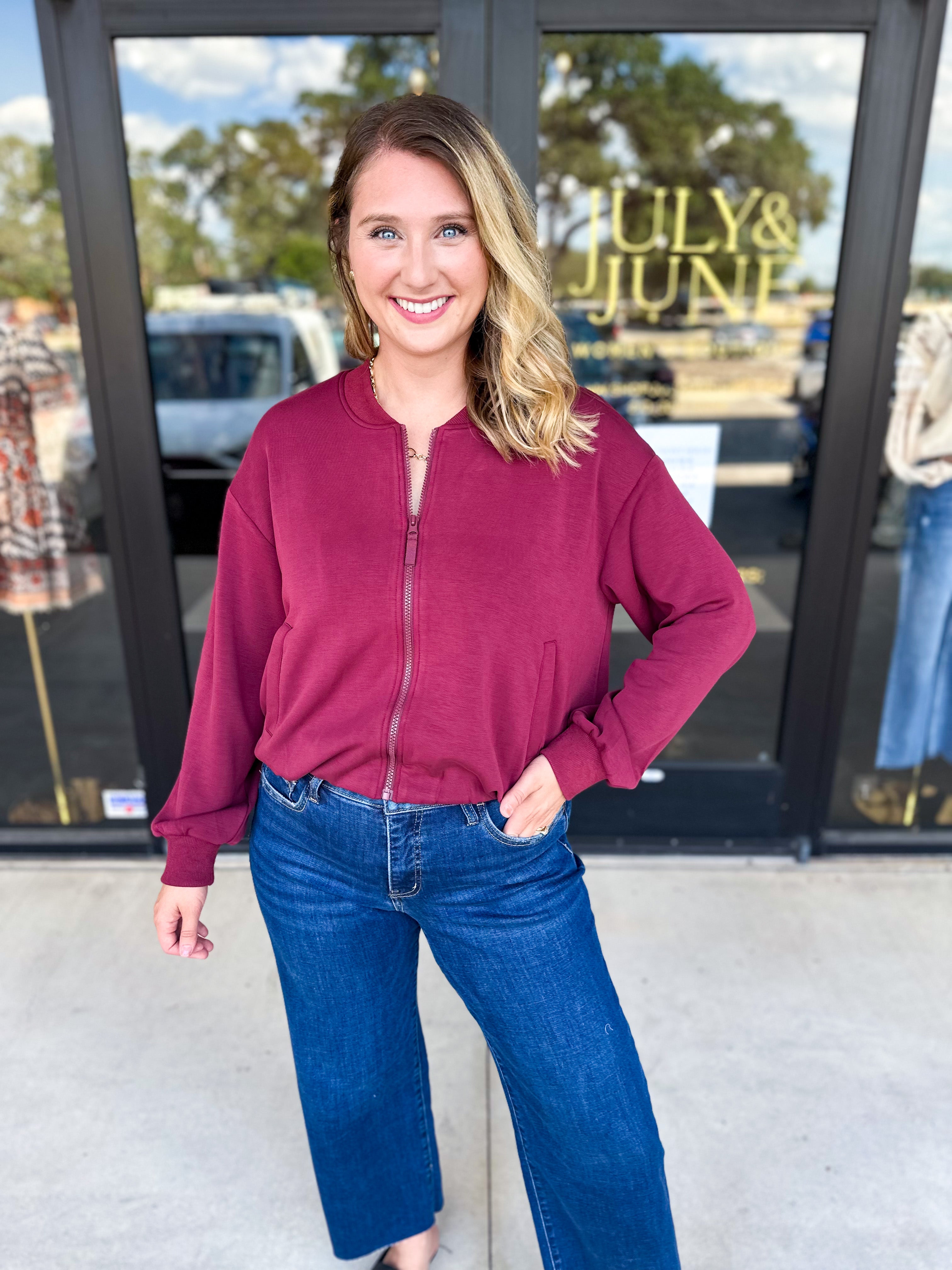 Soft Modal Bomber Jacket - Wine-300 Athleisure/Lounge-SKIES ARE BLUE-July & June Women's Fashion Boutique Located in San Antonio, Texas