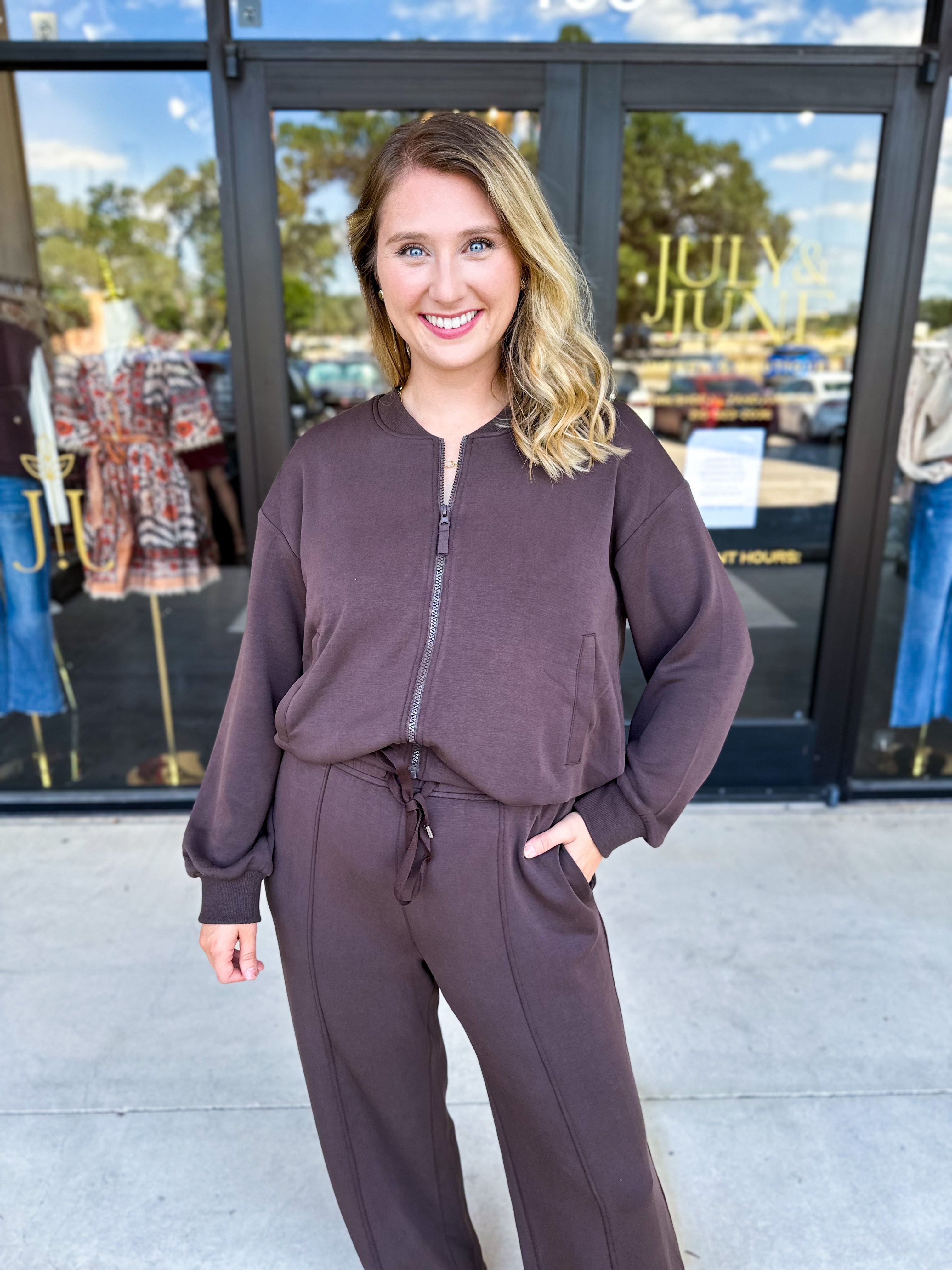 Soft Modal Bomber Jacket - Chocolate-300 Athleisure/Lounge-SKIES ARE BLUE-July & June Women's Fashion Boutique Located in San Antonio, Texas