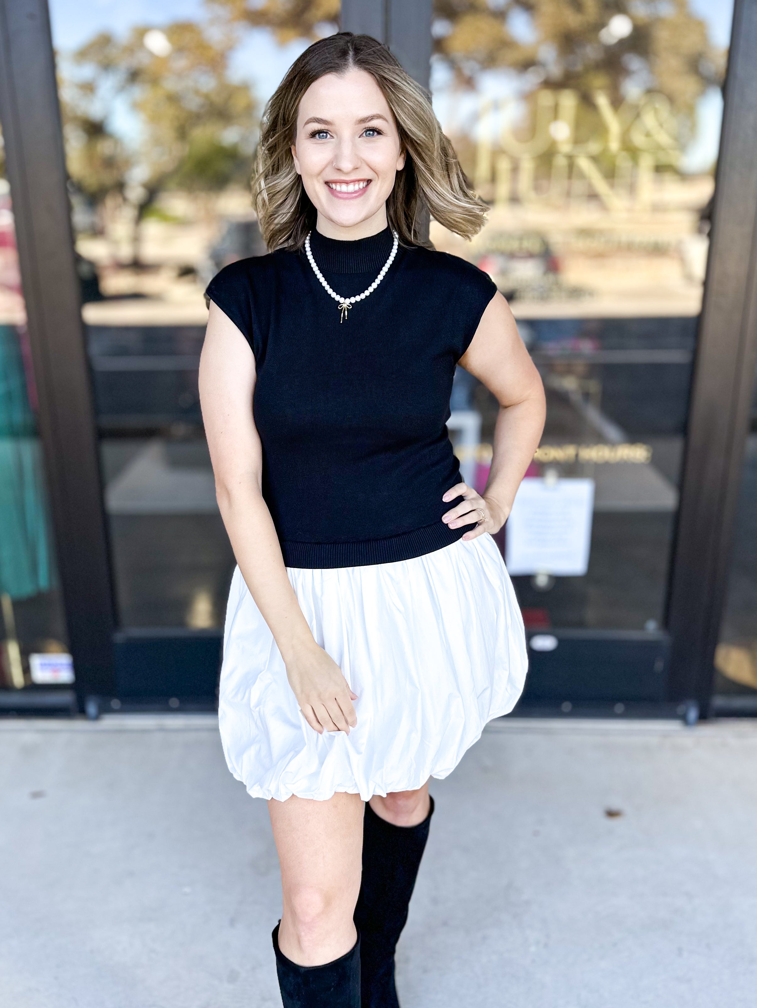 Mock Neck Bubble Mini Hem Mini Dress-510 Mini-ABLE-July & June Women's Fashion Boutique Located in San Antonio, Texas