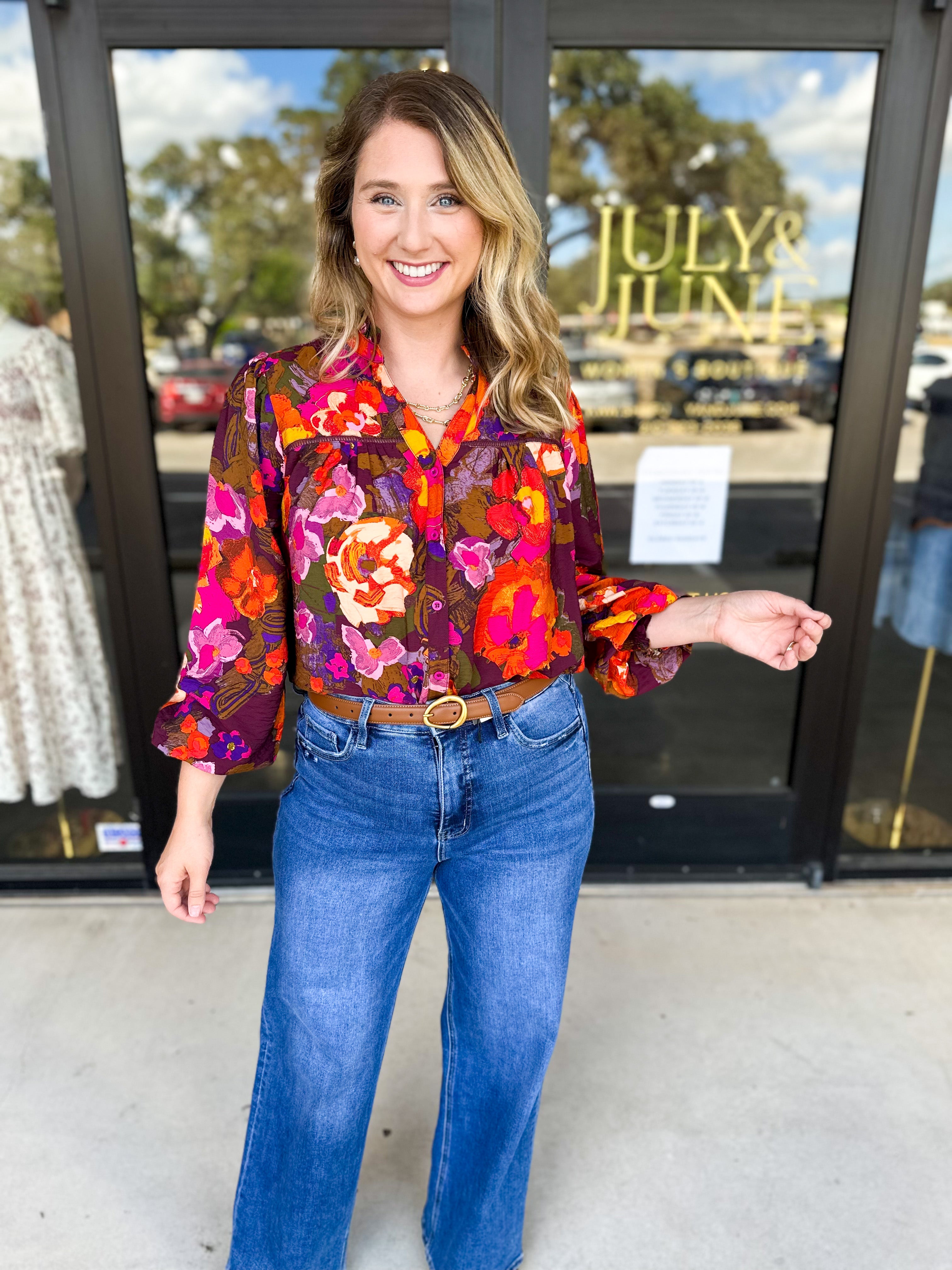 Vibrant Fall Florals Blouse-200 Fashion Blouses-FATE-July & June Women's Fashion Boutique Located in San Antonio, Texas