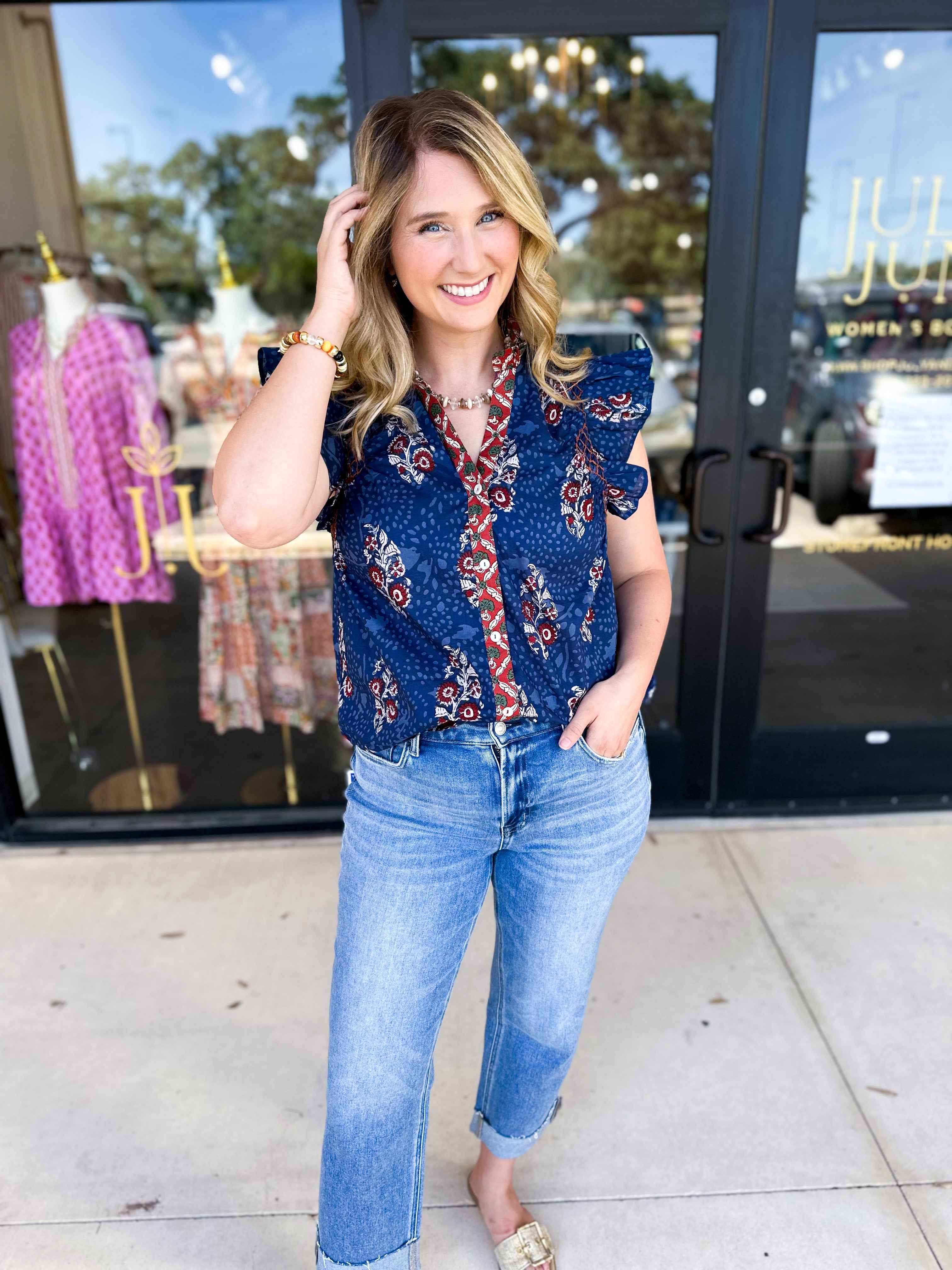 THML - Navy & Rust Blouse-200 Fashion Blouses-THML-July & June Women's Fashion Boutique Located in San Antonio, Texas