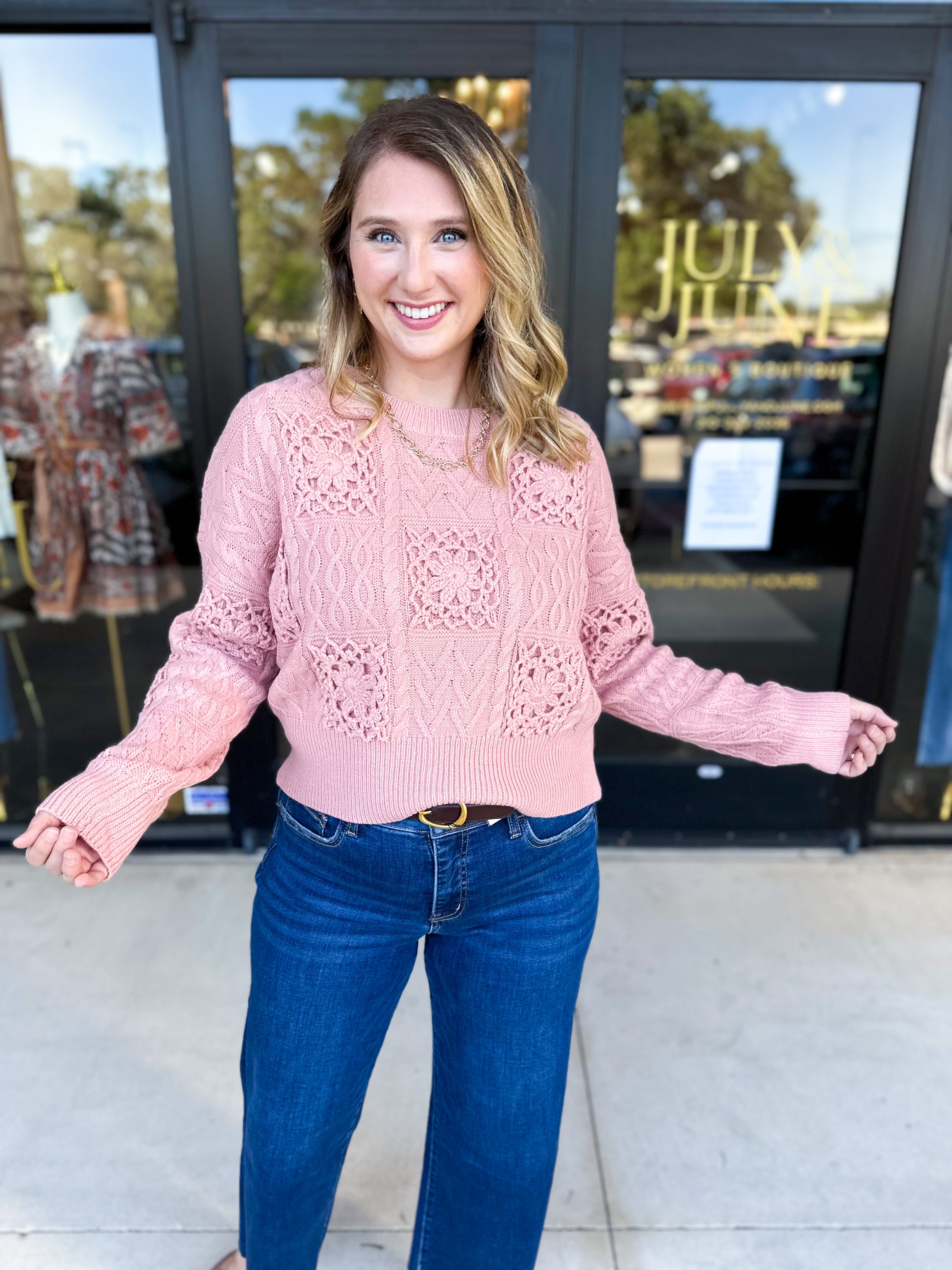 Blush Crochet Sweater-230 Sweaters/Cardis-LISTICLE-July & June Women's Fashion Boutique Located in San Antonio, Texas