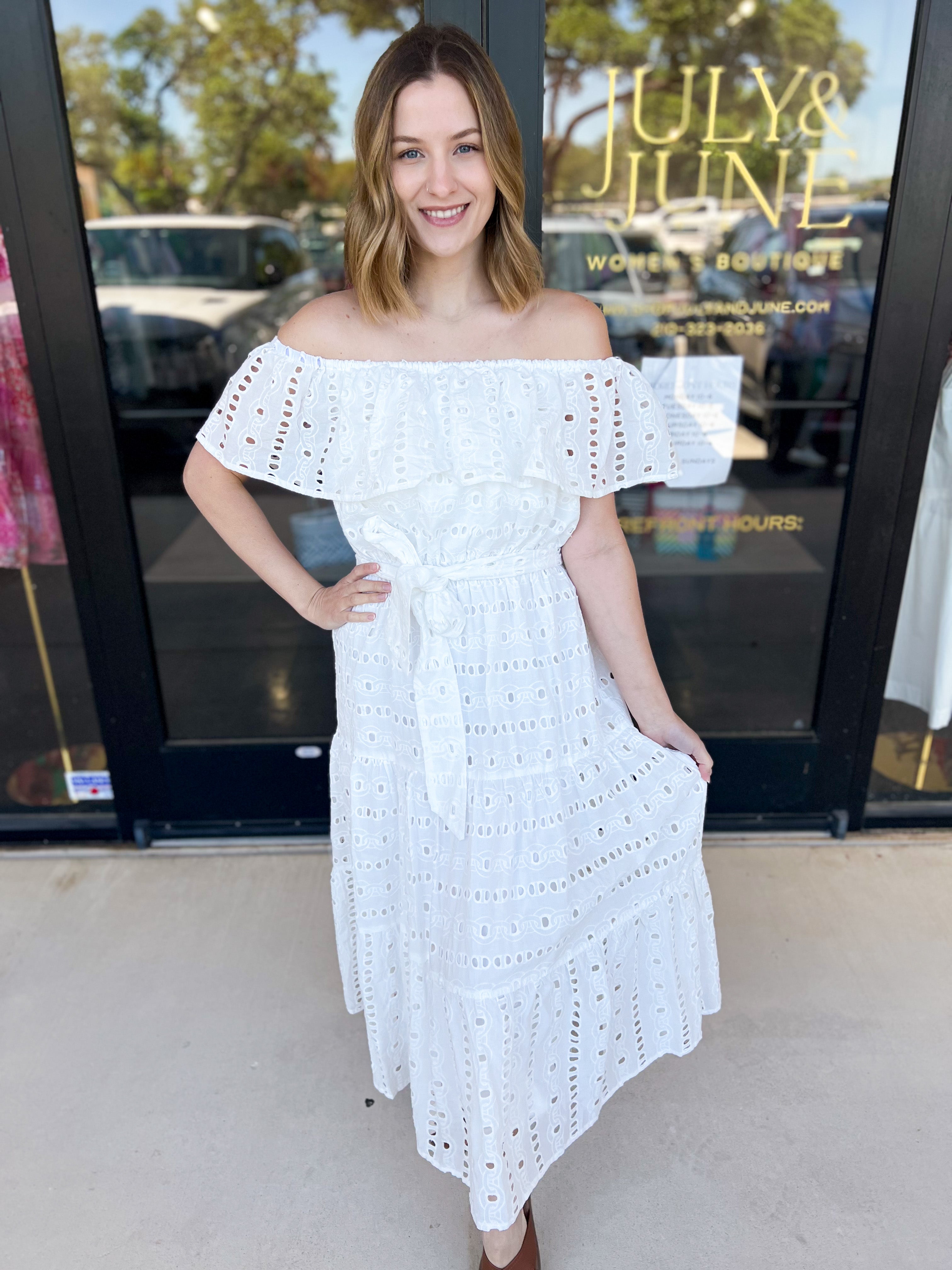 Sutton Off The Shoulder Midi Dress-500 Midi-FLYING TOMATO-July & June Women's Fashion Boutique Located in San Antonio, Texas