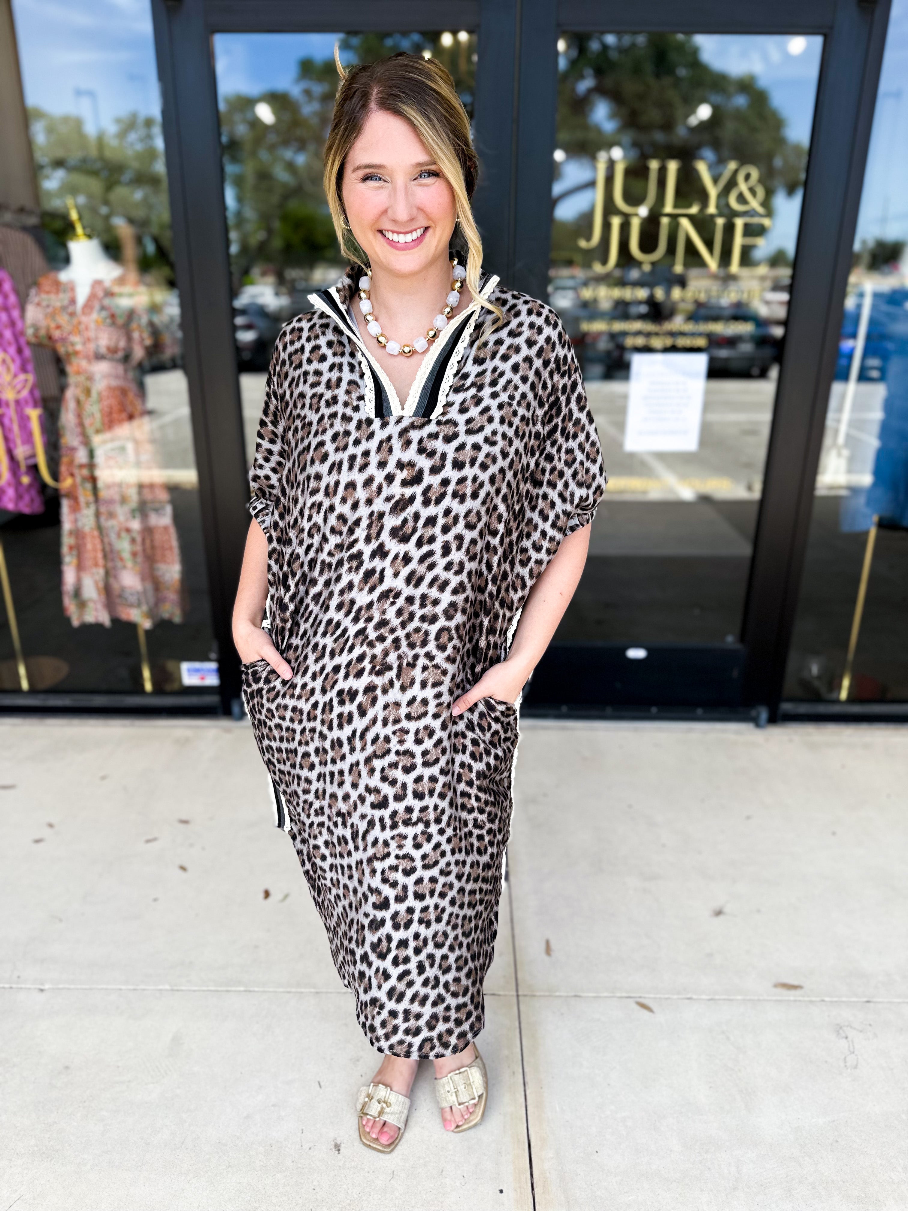 Leopard Caftan Midi Dress - Grey-500 Midi-ENTRO-July & June Women's Fashion Boutique Located in San Antonio, Texas