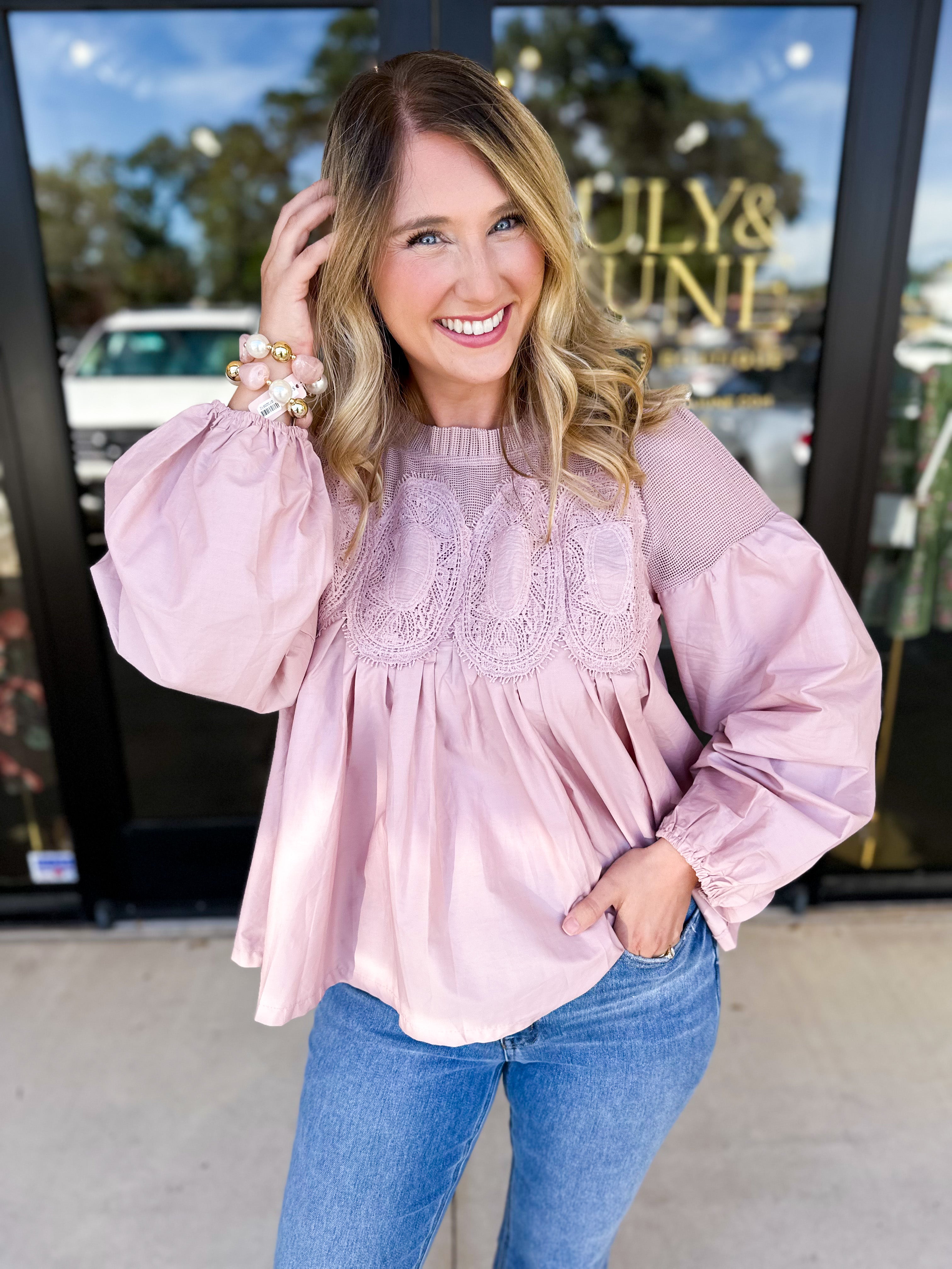 The Lace Details Blouse Long Sleeve - Blush-200 Fashion Blouses-FATE-July & June Women's Fashion Boutique Located in San Antonio, Texas