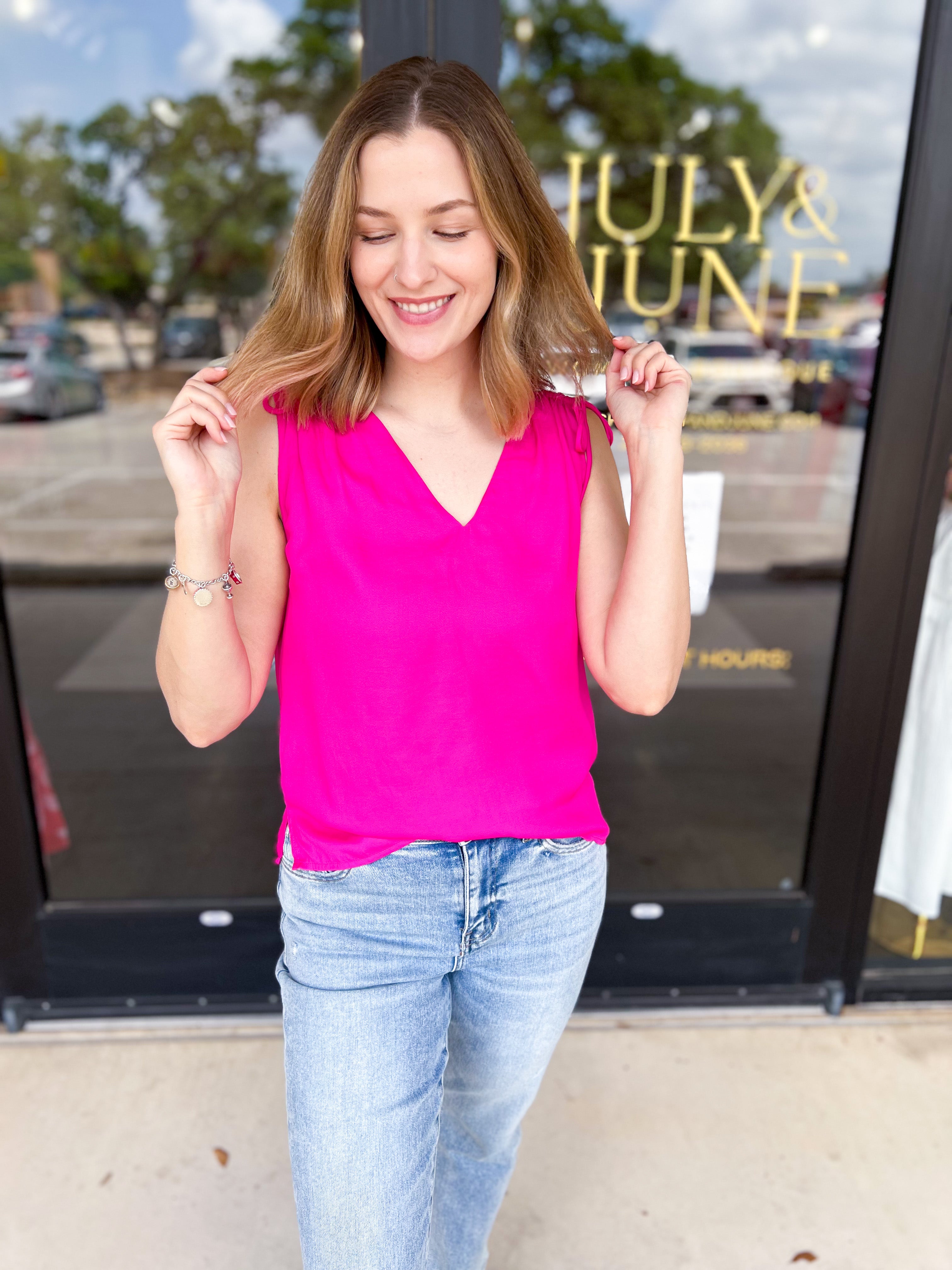 Elevated Shoulder Tie Tank- Hot Pink-200 Fashion Blouses-SKIES ARE BLUE-July & June Women's Fashion Boutique Located in San Antonio, Texas