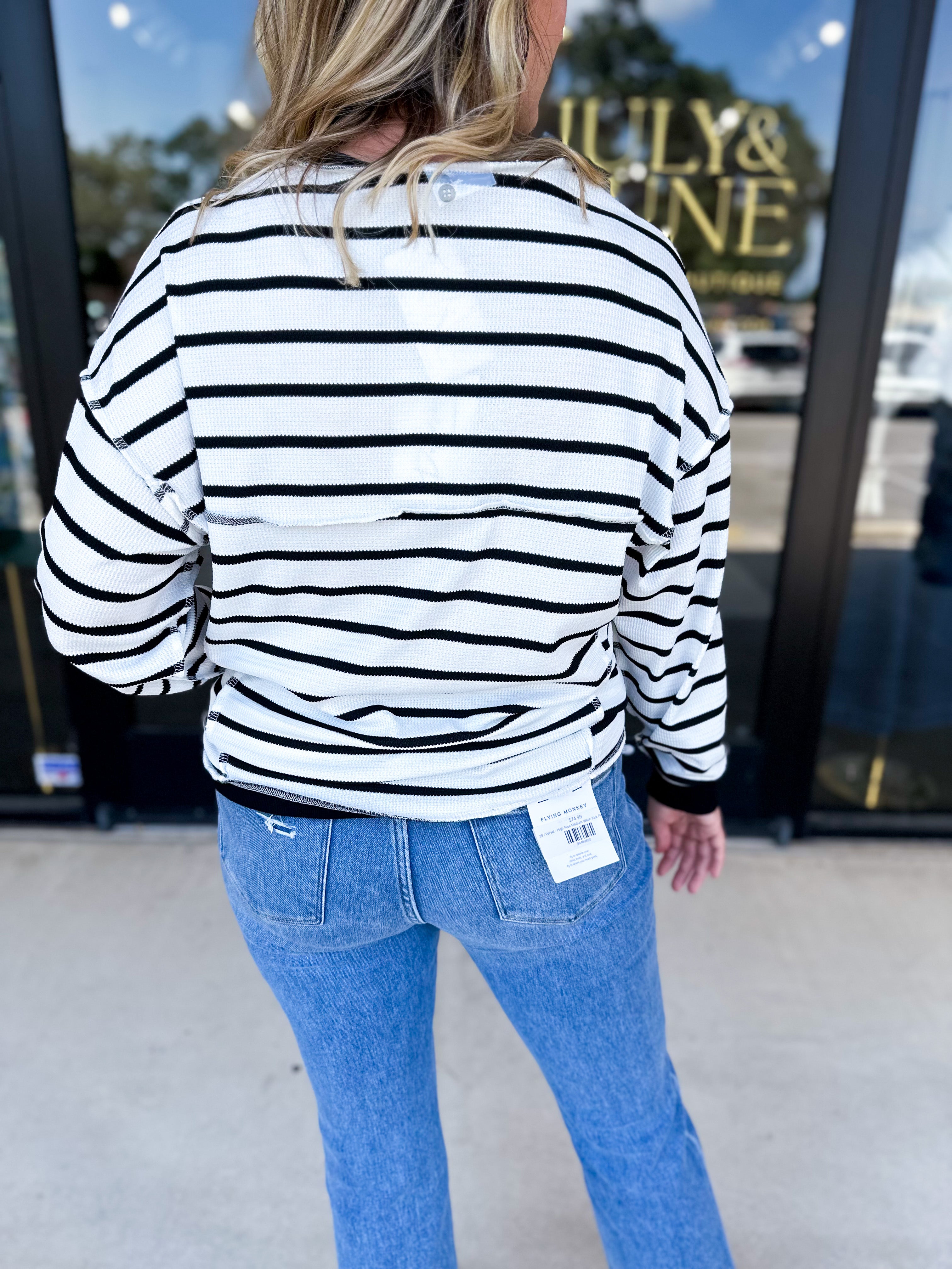 Comfy Henley Long Sleeve Top - Black & White-210 Casual Blouses-POLOGRAM-July & June Women's Fashion Boutique Located in San Antonio, Texas