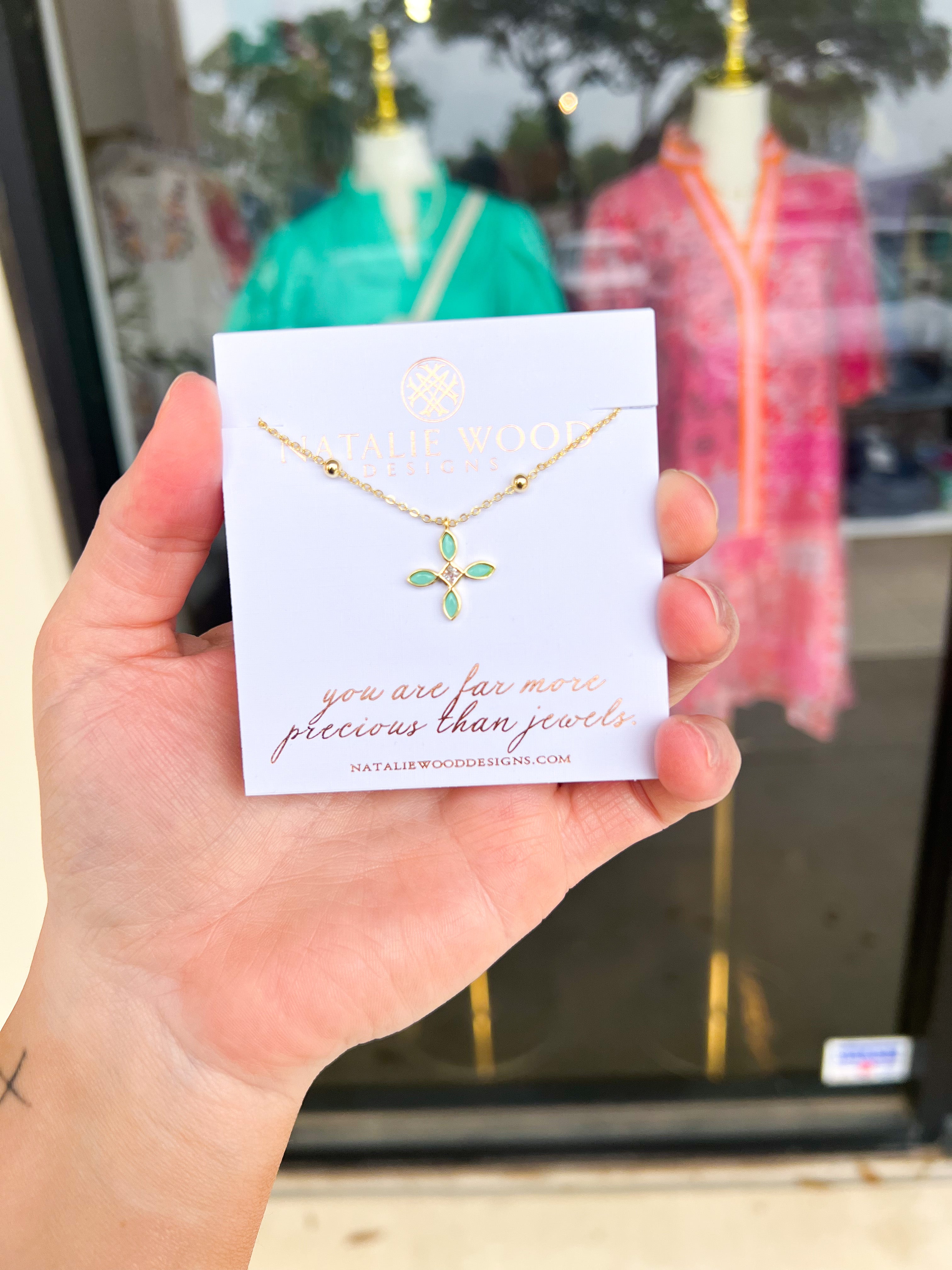 Natalie Wood - Radiant Cross Drop Necklace in Aqua-110 Jewelry & Hair-Natalie Wood-July & June Women's Fashion Boutique Located in San Antonio, Texas
