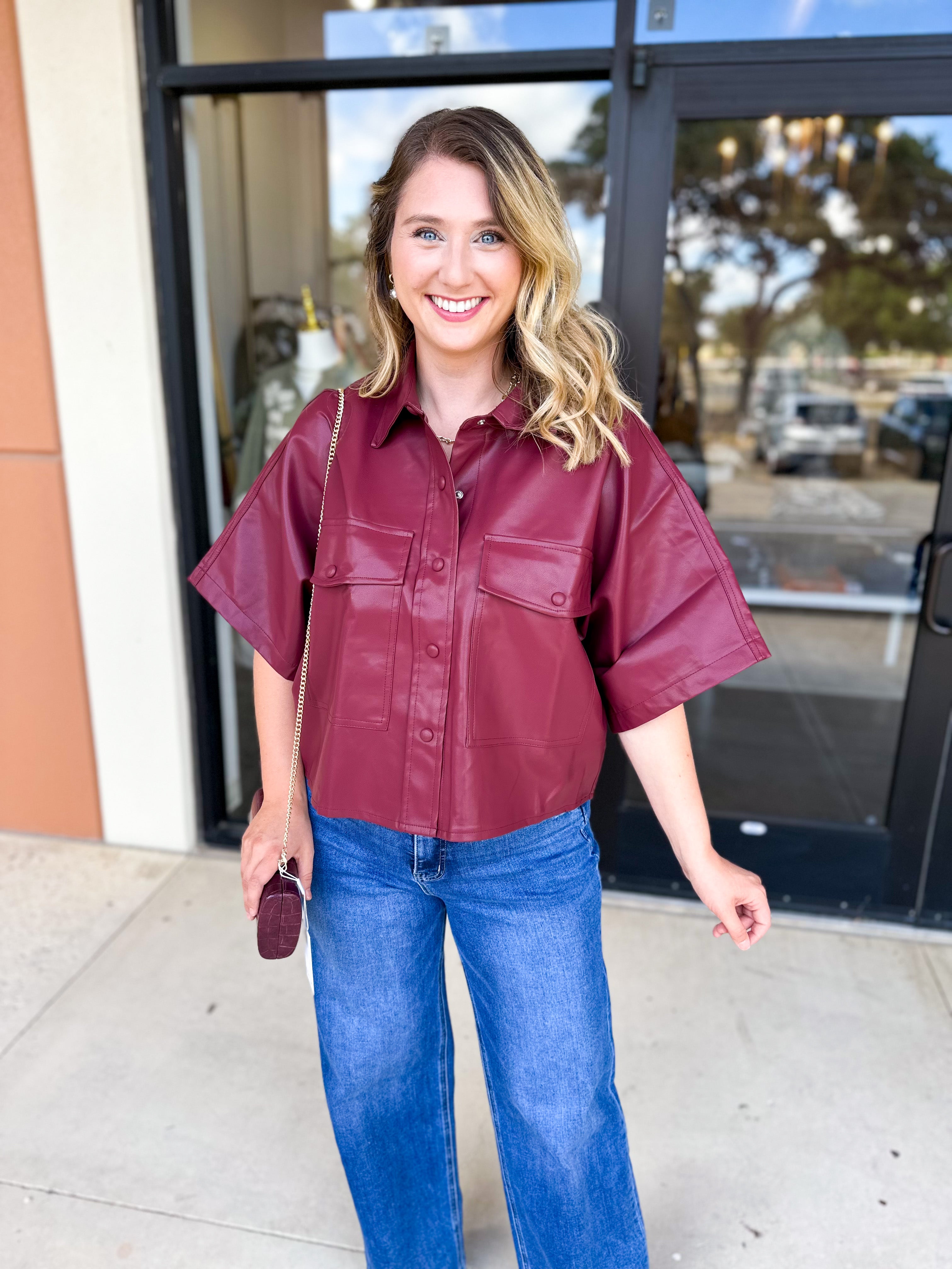 Utility Shirt Jacket - Wine-200 Fashion Blouses-GLAM-July & June Women's Fashion Boutique Located in San Antonio, Texas