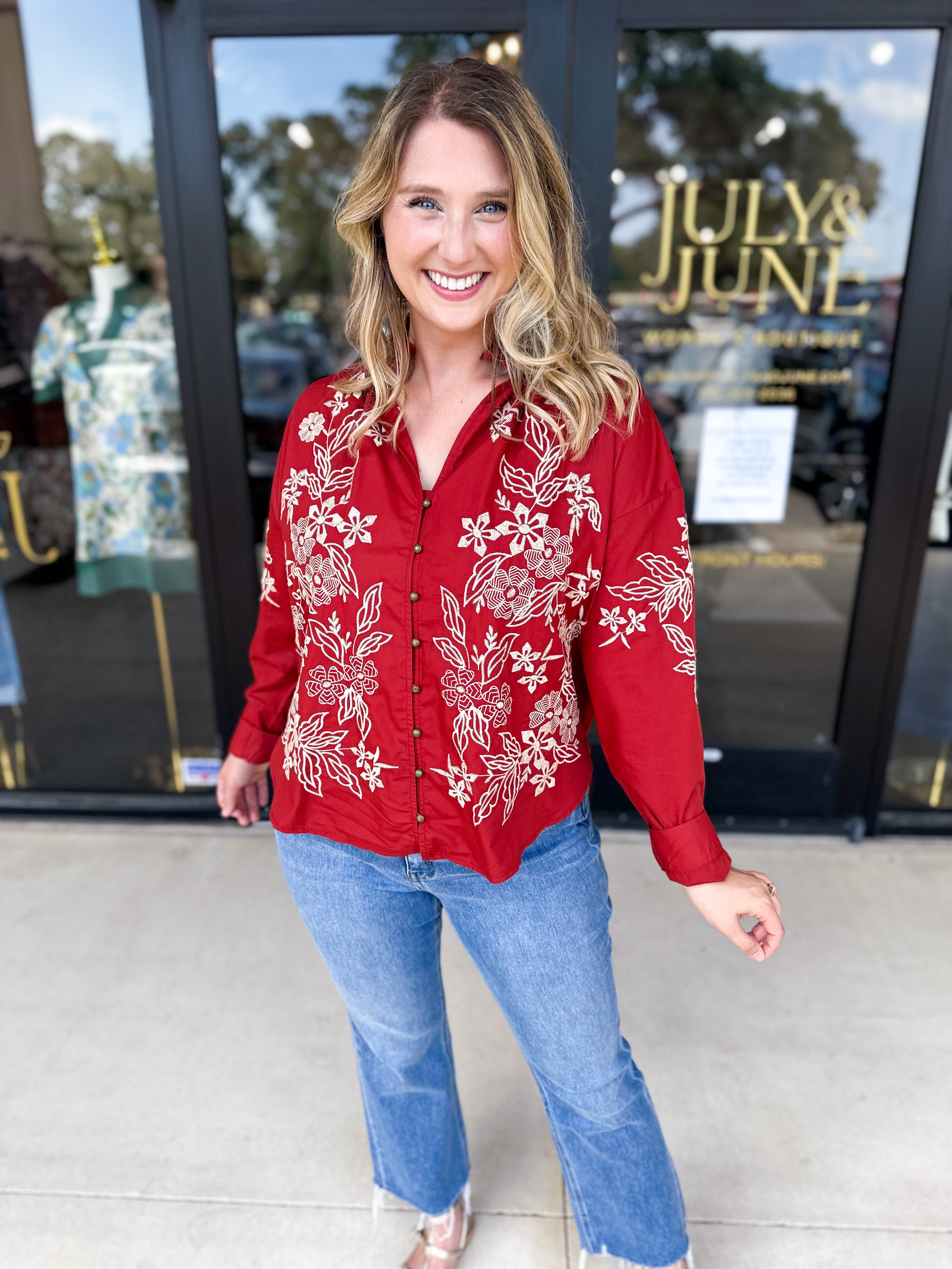Elara Embroidered Blouse - Rust-200 Fashion Blouses-ENTRO-July & June Women's Fashion Boutique Located in San Antonio, Texas