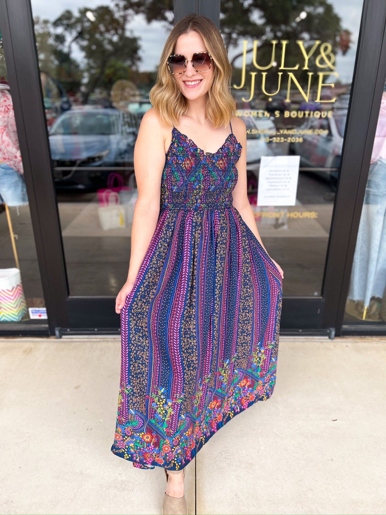 The Rowen Smocked Midi Dress-500 Midi-FATE-July & June Women's Fashion Boutique Located in San Antonio, Texas