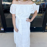 Sutton Off The Shoulder Midi Dress-500 Midi-FLYING TOMATO-July & June Women's Fashion Boutique Located in San Antonio, Texas