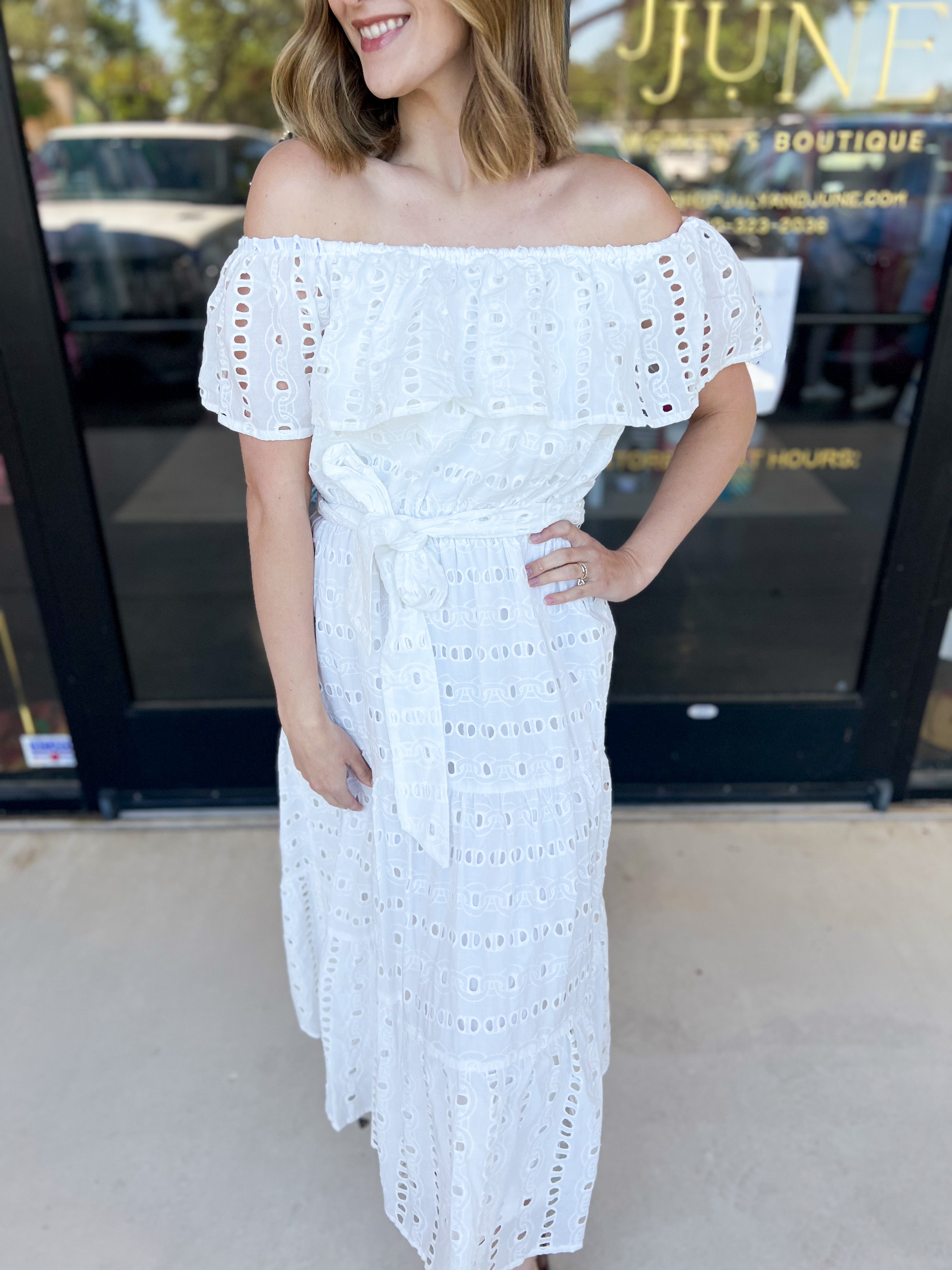 Sutton Off The Shoulder Midi Dress-500 Midi-FLYING TOMATO-July & June Women's Fashion Boutique Located in San Antonio, Texas