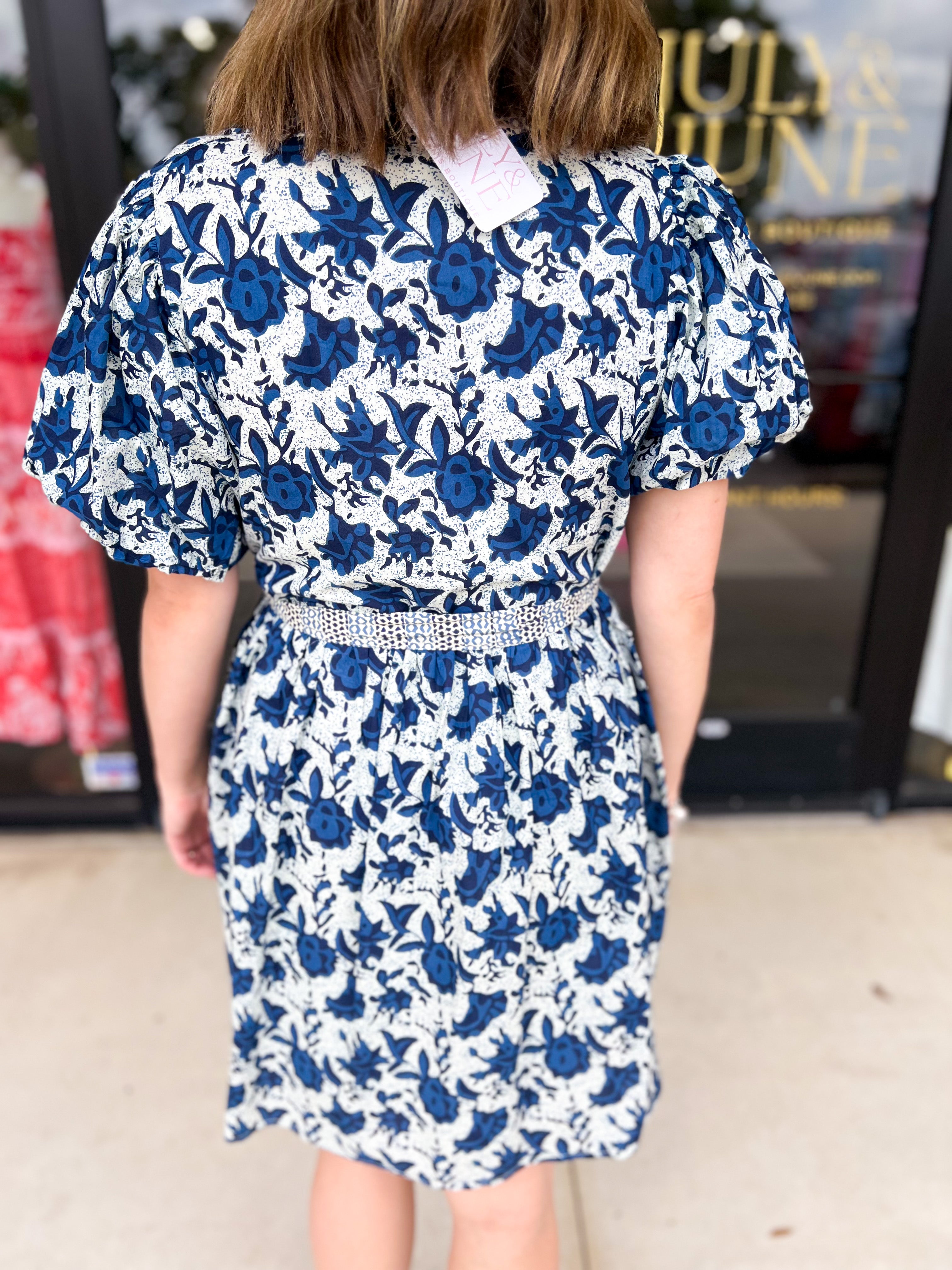 THML - Blue & Ivory Floral Mini Dress-510 Mini-THML-July & June Women's Fashion Boutique Located in San Antonio, Texas
