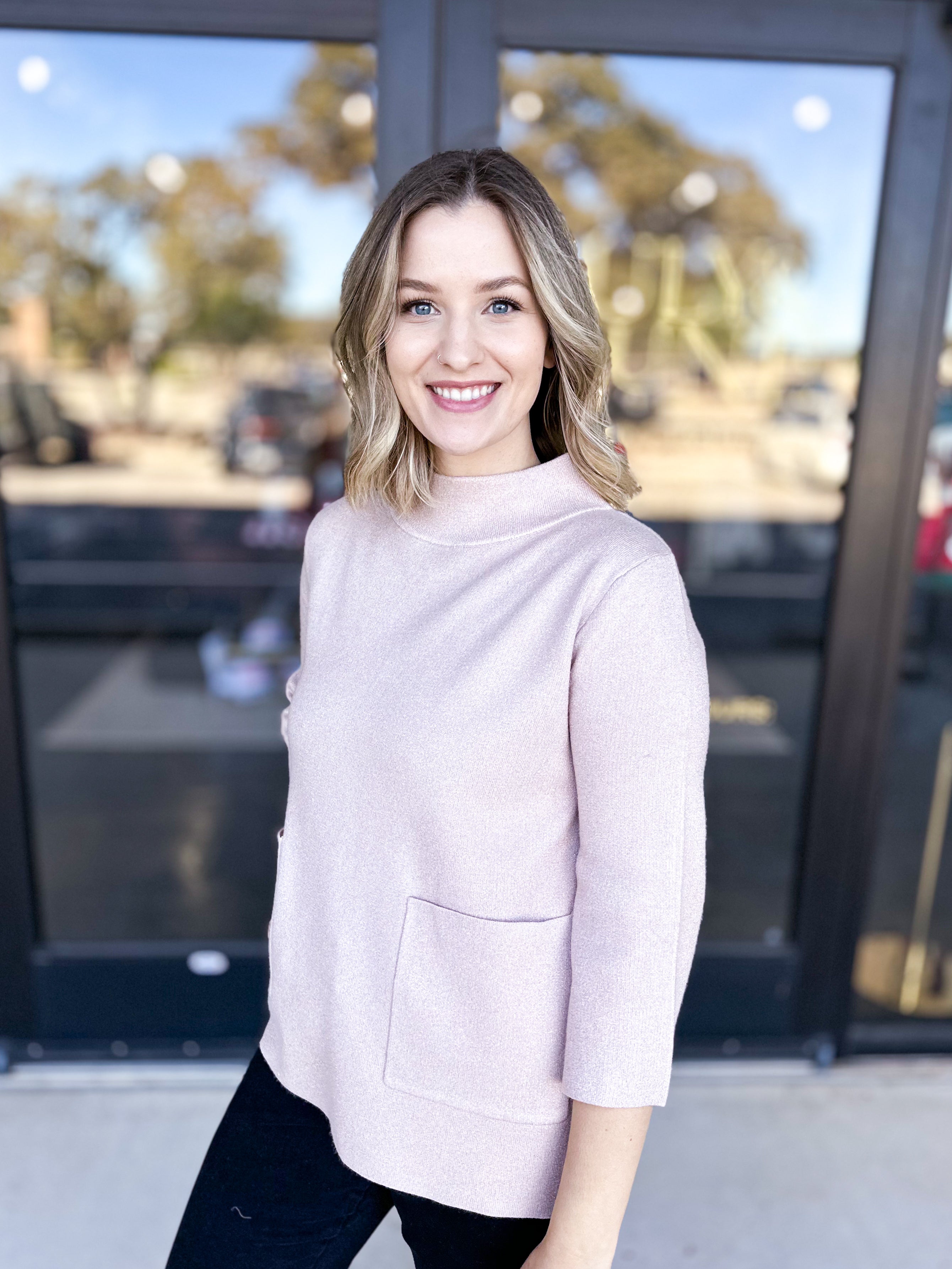 Sparkle Mock Neck Sweater- Rosé-230 Sweaters/Cardis-FATE-July & June Women's Fashion Boutique Located in San Antonio, Texas