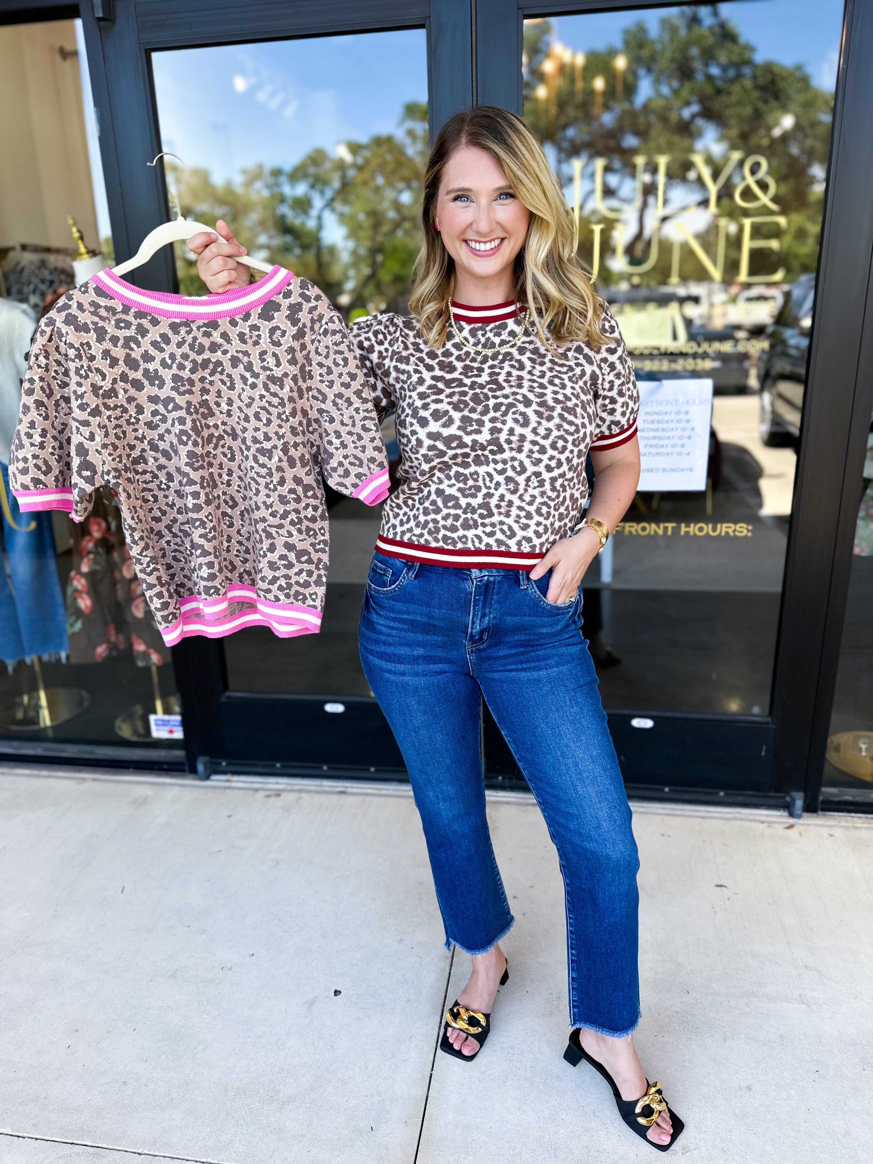 Varsity Leopard Sweater Top - Red-210 Casual Blouses-ENTRO-July & June Women's Fashion Boutique Located in San Antonio, Texas