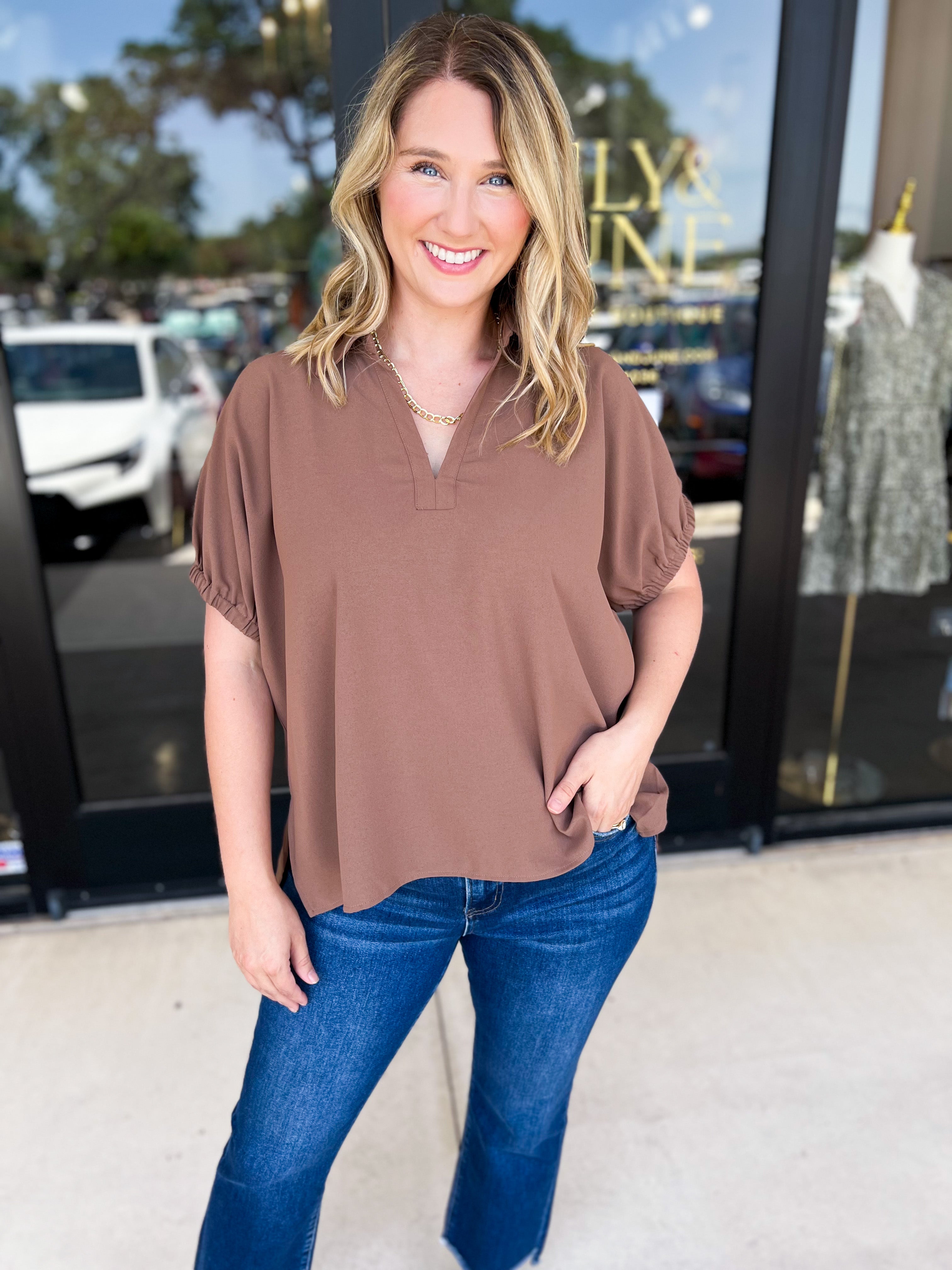 Closet Staple Collared Blouse - Mocha-200 Fashion Blouses-ENTRO-July & June Women's Fashion Boutique Located in San Antonio, Texas