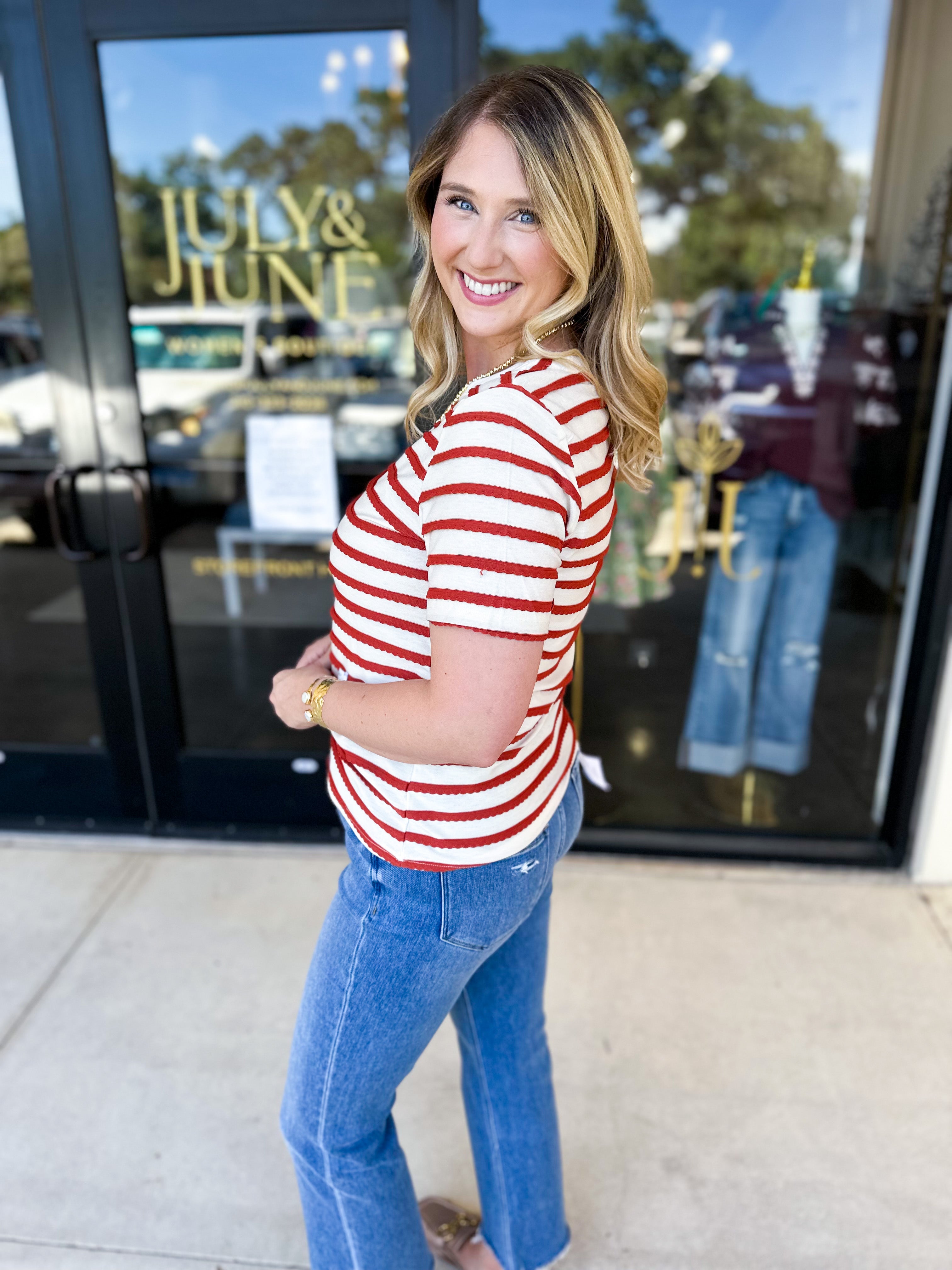 Striped Round Neck Tee - Rust-210 Casual Blouses-POLOGRAM-July & June Women's Fashion Boutique Located in San Antonio, Texas