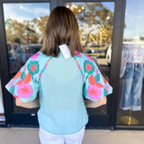 THML - Spring Florals Embroidered Blouse- Light Blue-200 Fashion Blouses-THML-July & June Women's Fashion Boutique Located in San Antonio, Texas