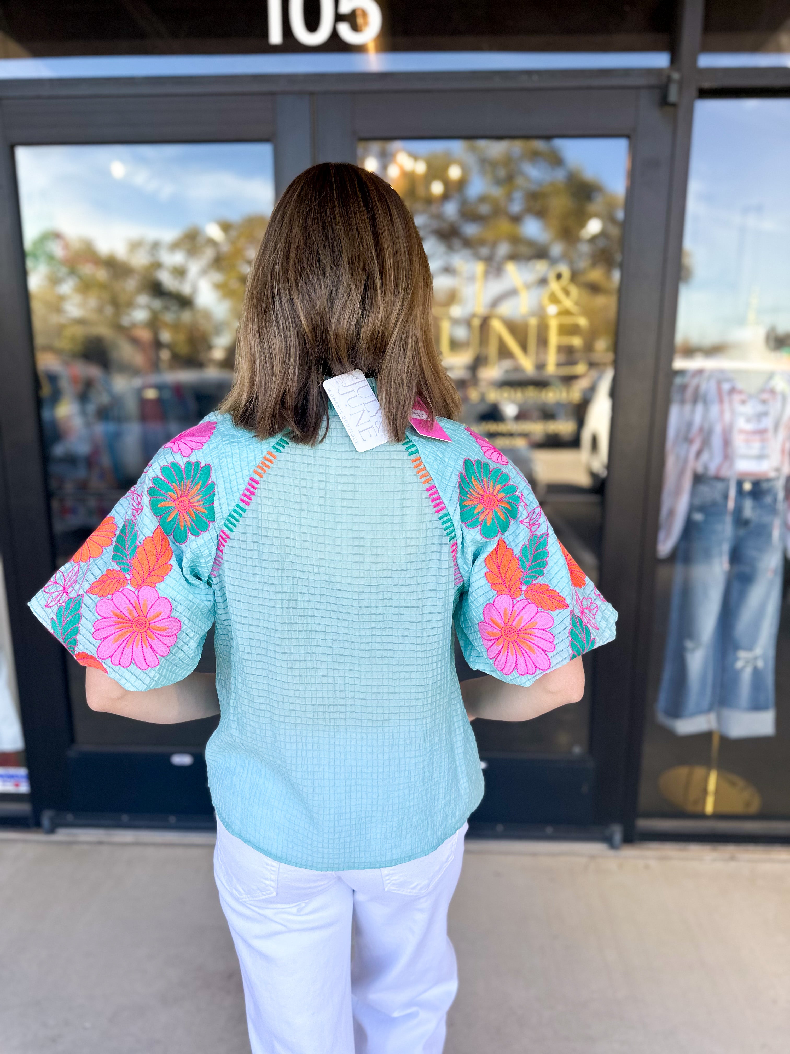 THML - Spring Florals Embroidered Blouse- Light Blue-200 Fashion Blouses-THML-July & June Women's Fashion Boutique Located in San Antonio, Texas