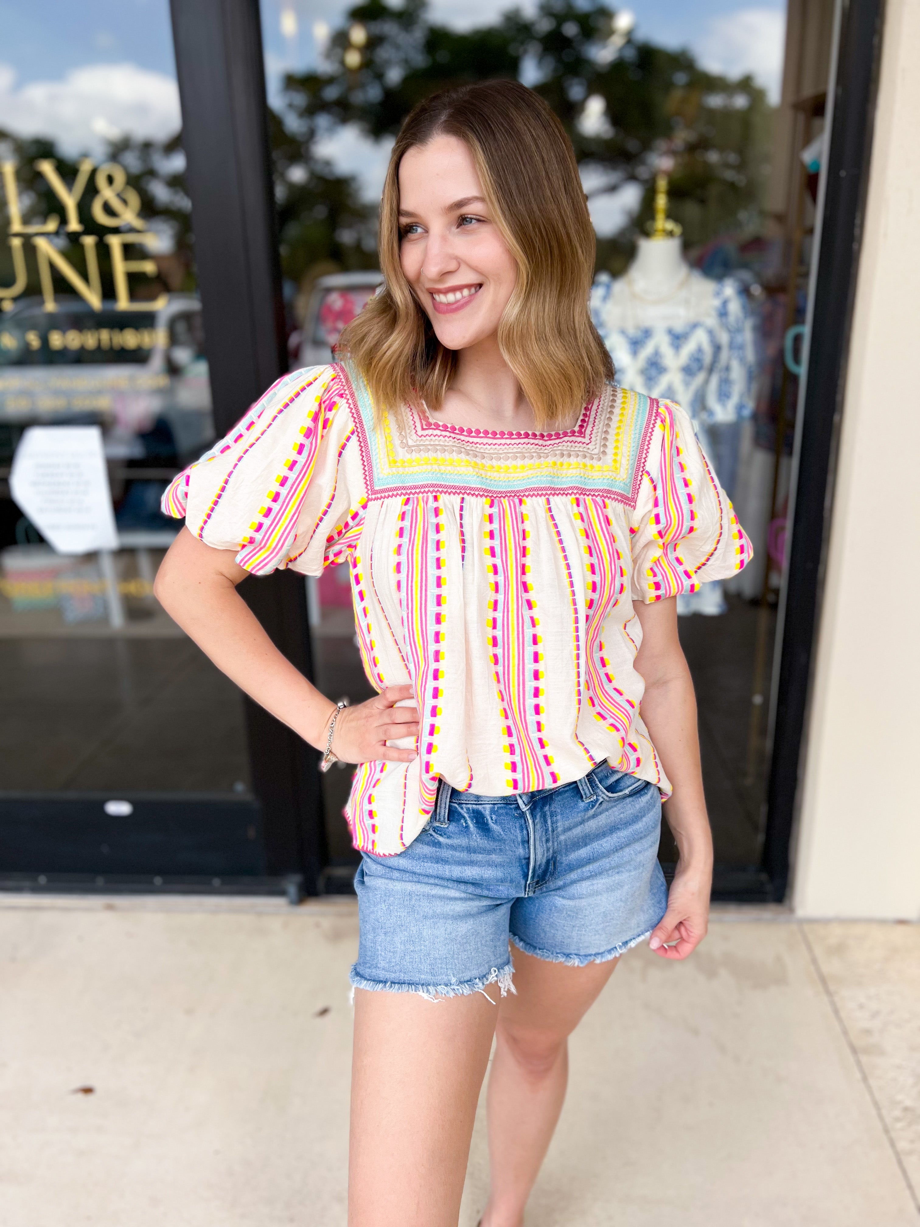 THML - Neon Fiesta Blouse-200 Fashion Blouses-THML-July & June Women's Fashion Boutique Located in San Antonio, Texas