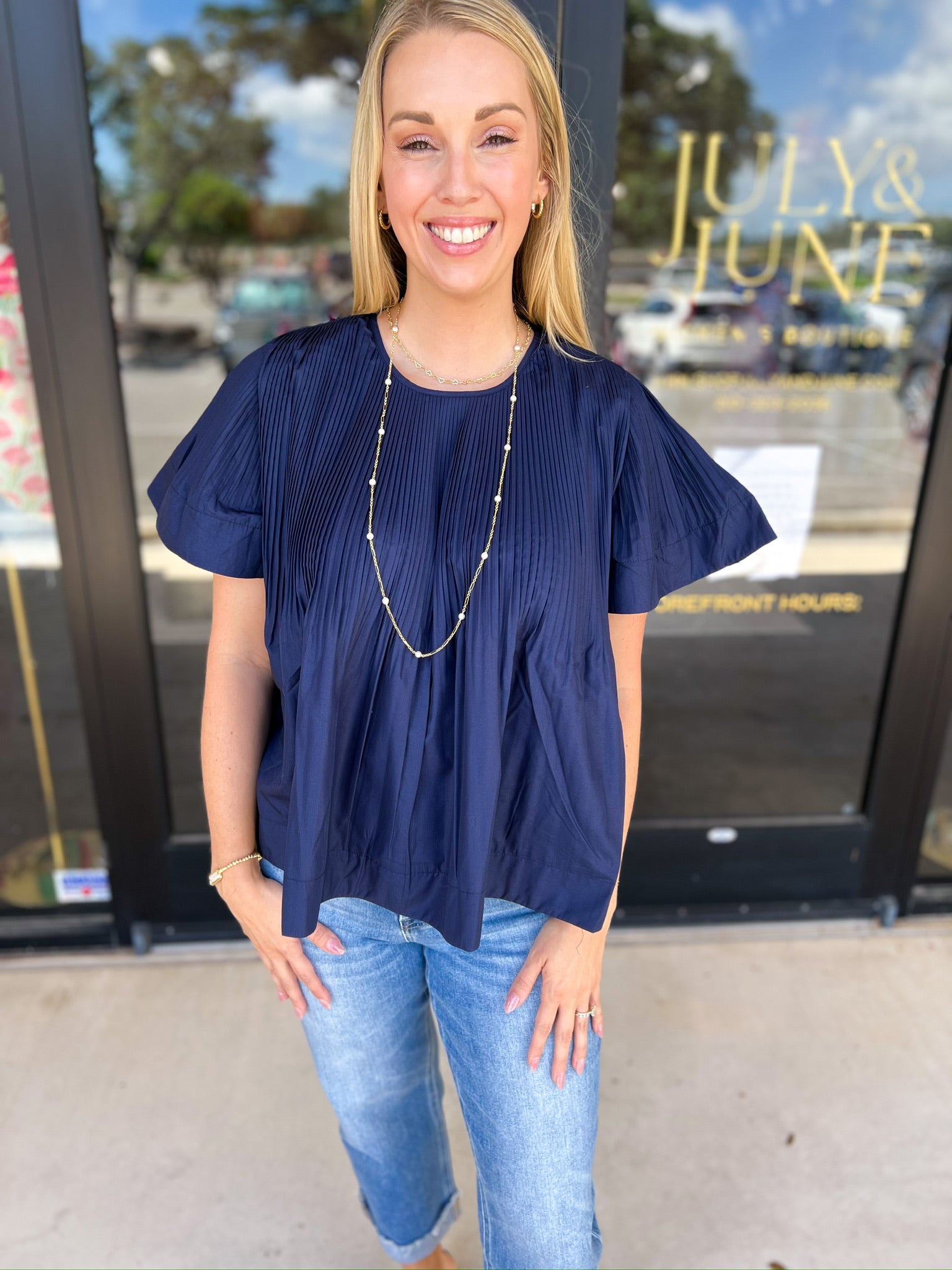 Navy Flutter Blouse-200 Fashion Blouses-PINCH-July & June Women's Fashion Boutique Located in San Antonio, Texas