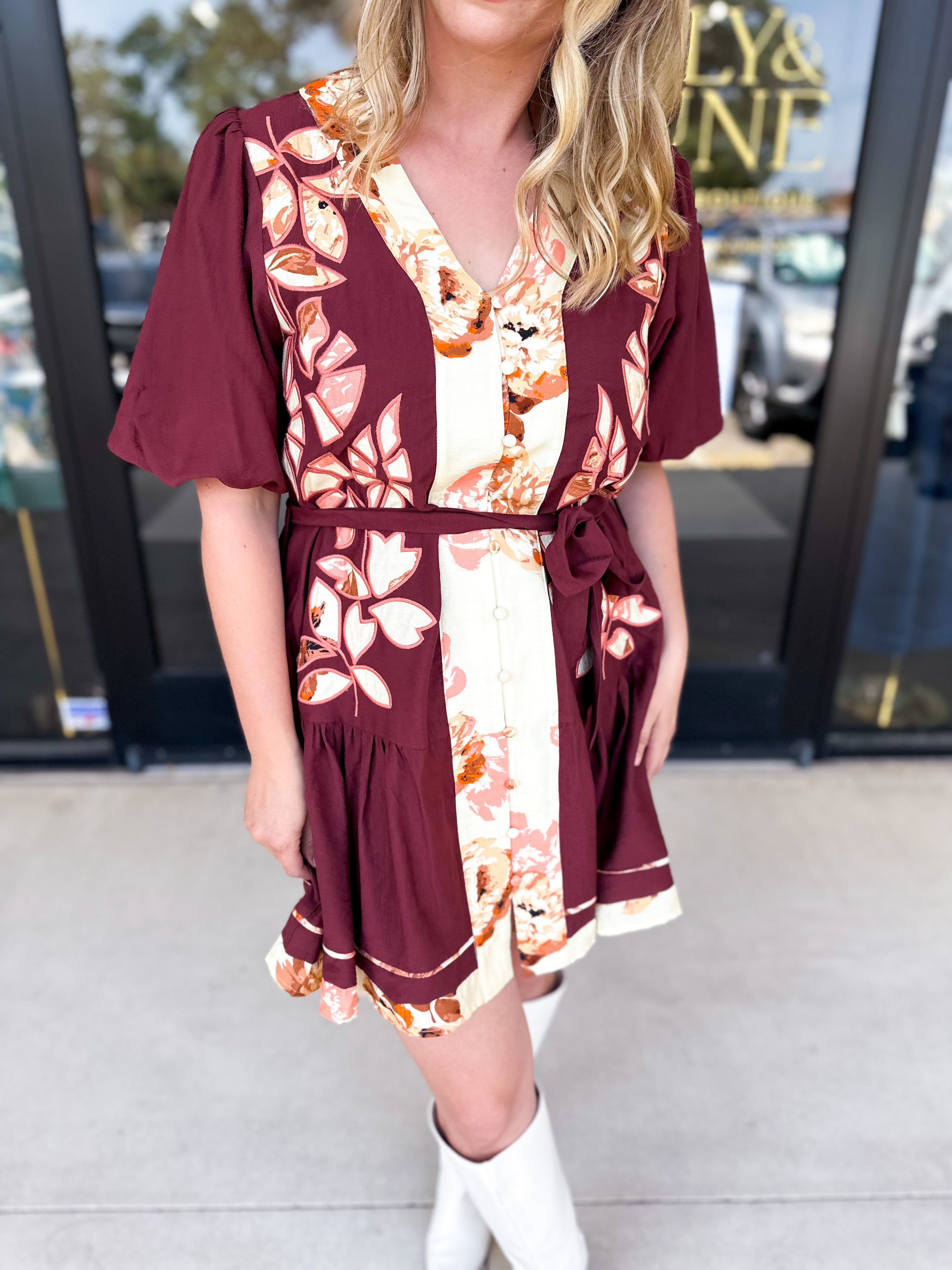 THML - Maroon Floral Mini Dress-510 Mini-THML-July & June Women's Fashion Boutique Located in San Antonio, Texas