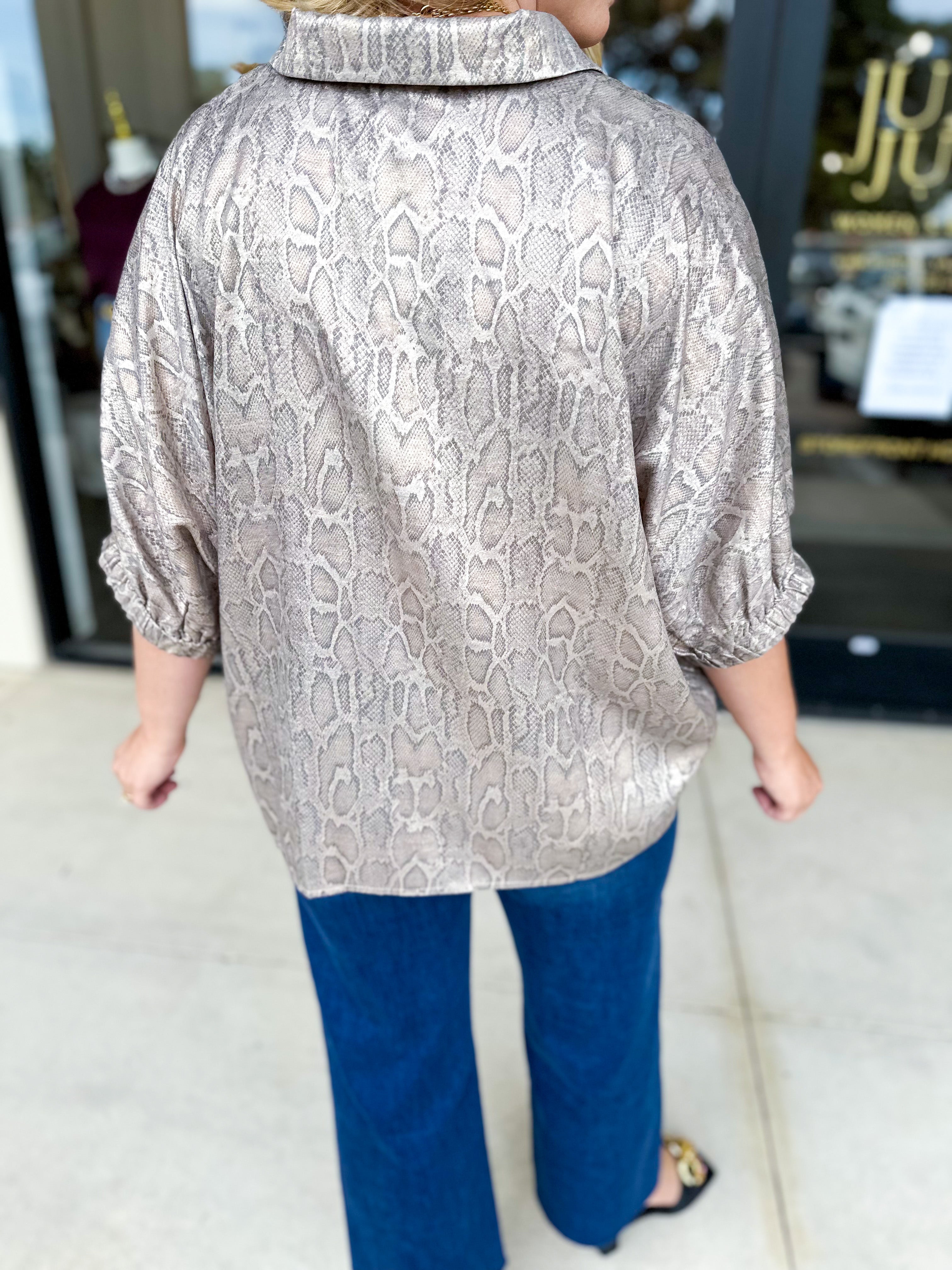 Snakeskin Shimmer Blouse-200 Fashion Blouses-JODIFL-July & June Women's Fashion Boutique Located in San Antonio, Texas
