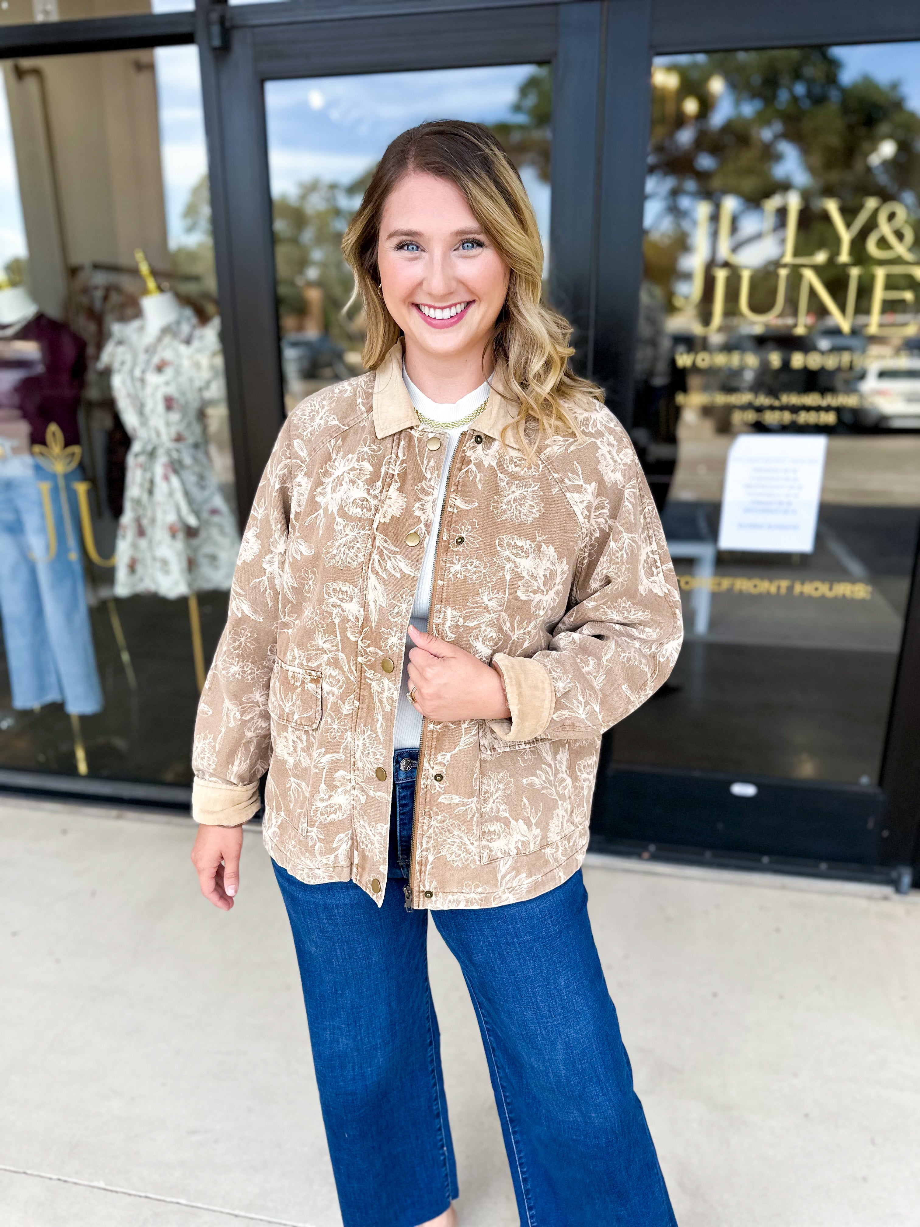 Tan Floral Jacket-600 Outerwear-FATE-July & June Women's Fashion Boutique Located in San Antonio, Texas