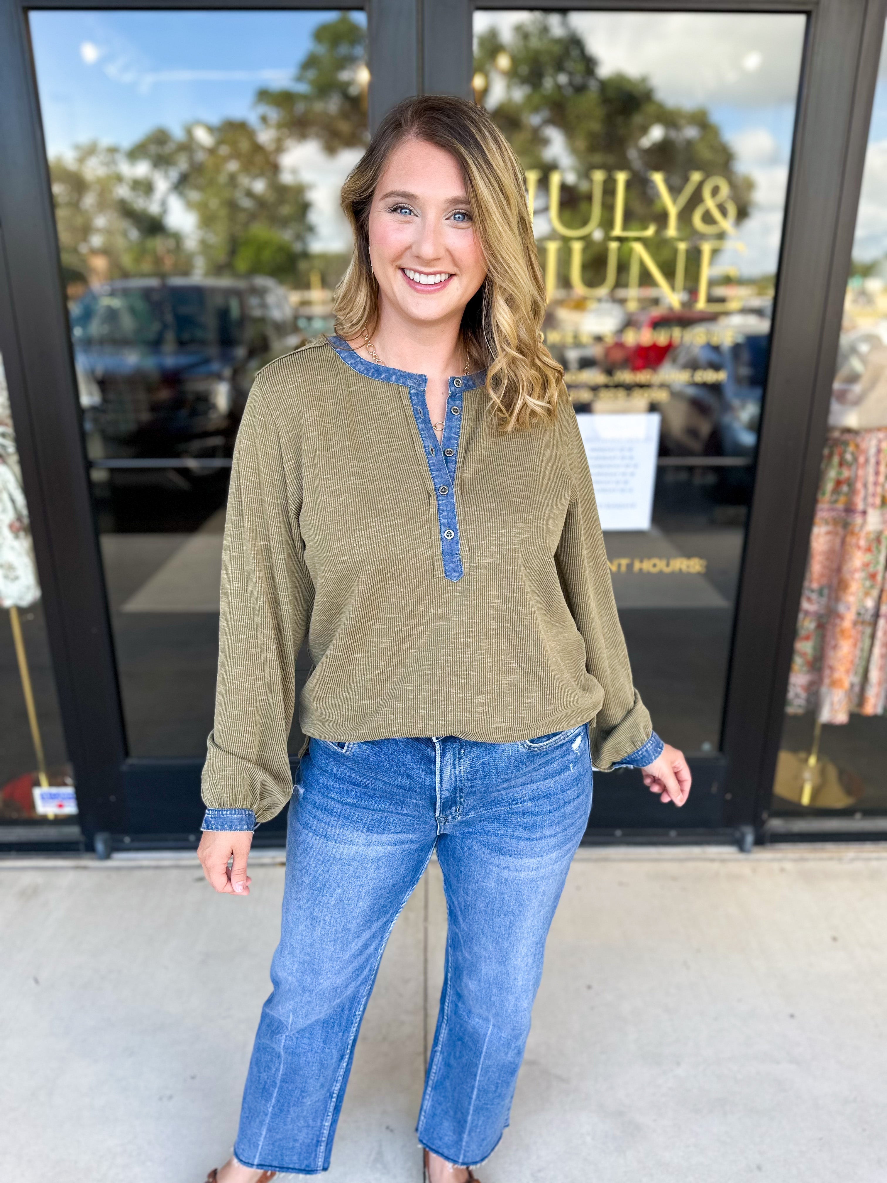 Olive & Denim Details Long Sleeve Top-210 Casual Blouses-JODIFL-July & June Women's Fashion Boutique Located in San Antonio, Texas