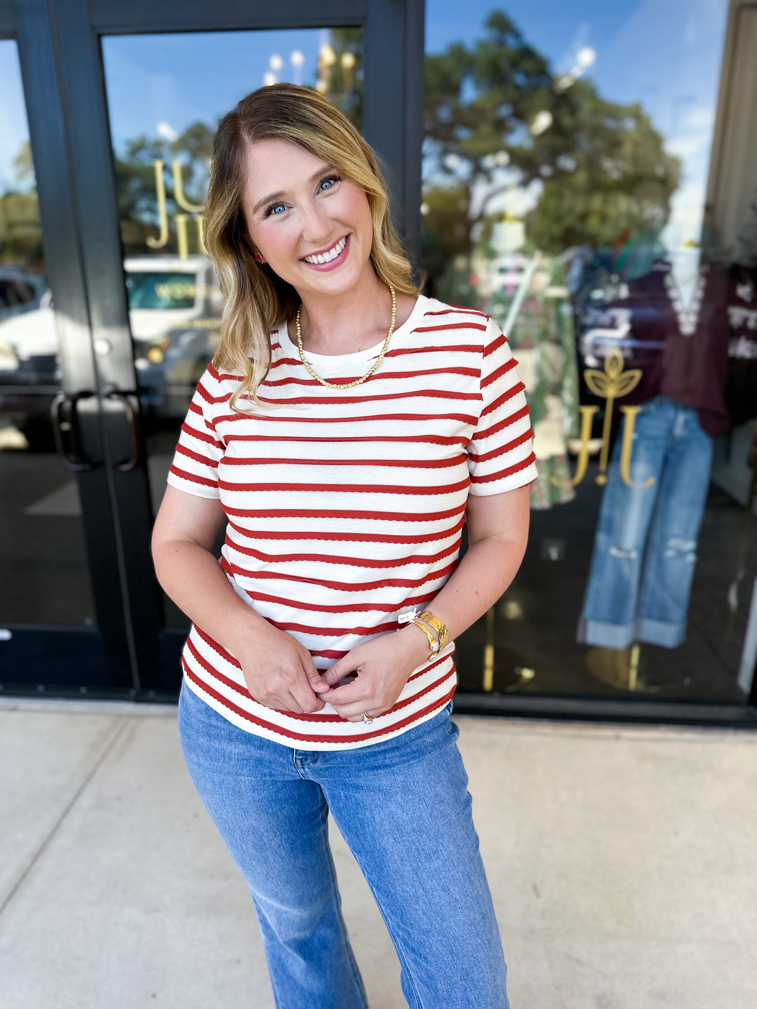 Striped Round Neck Tee - Rust-210 Casual Blouses-POLOGRAM-July & June Women's Fashion Boutique Located in San Antonio, Texas