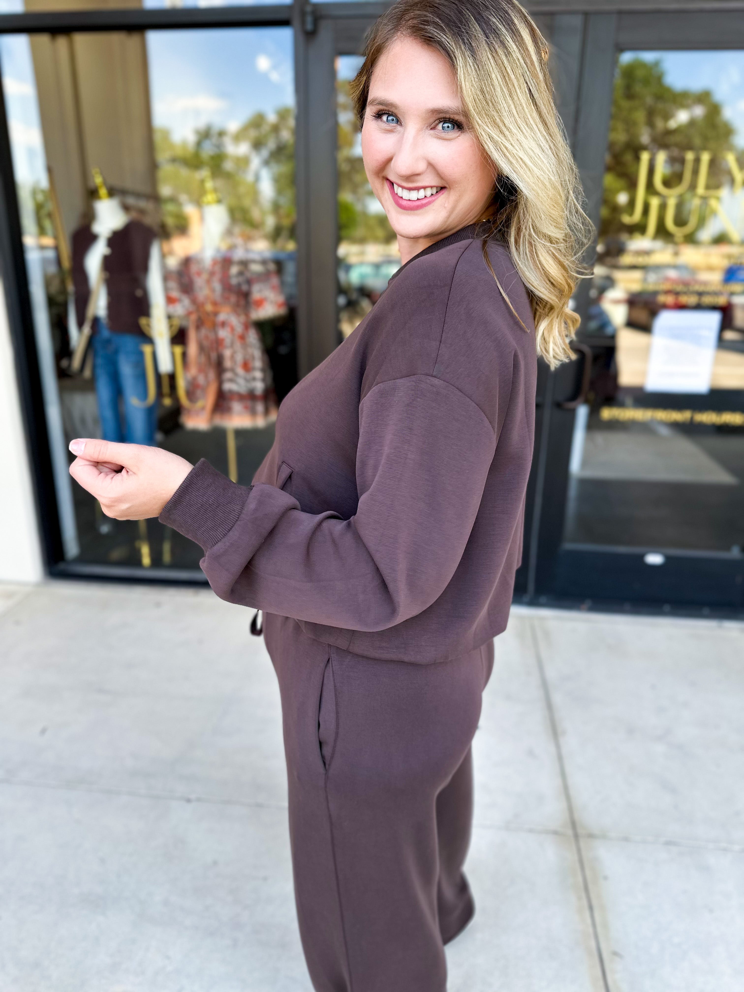 Soft Modal Bomber Jacket - Chocolate-300 Athleisure/Lounge-SKIES ARE BLUE-July & June Women's Fashion Boutique Located in San Antonio, Texas