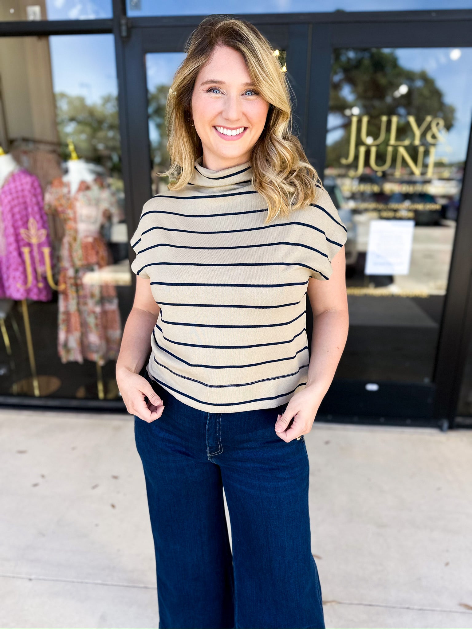 Oatmeal Stripe Comfy Tee-210 Casual Blouses-ENTRO-July & June Women's Fashion Boutique Located in San Antonio, Texas