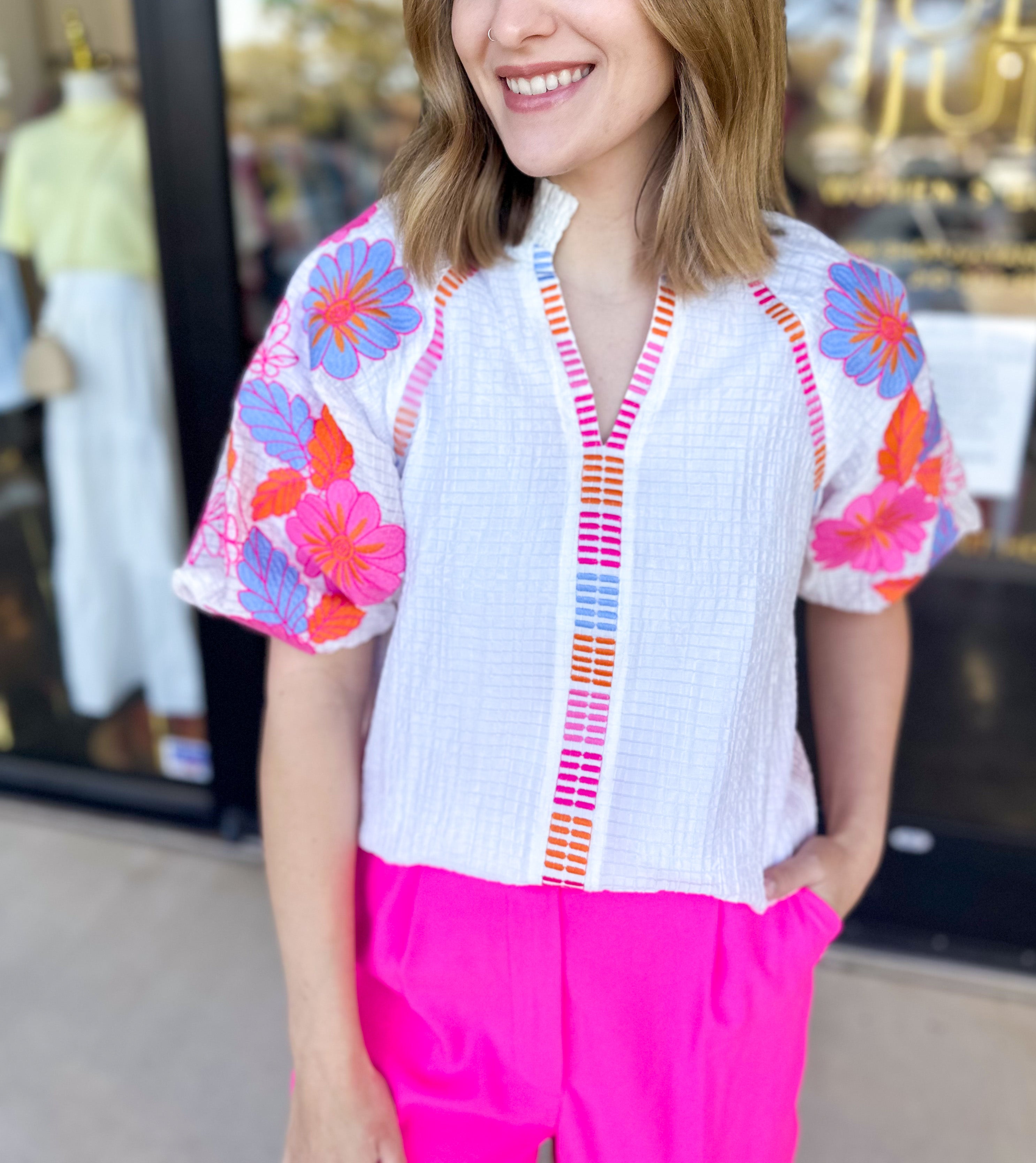 THML - Spring Florals Embroidered Blouse- Ivory-200 Fashion Blouses-THML-July & June Women's Fashion Boutique Located in San Antonio, Texas