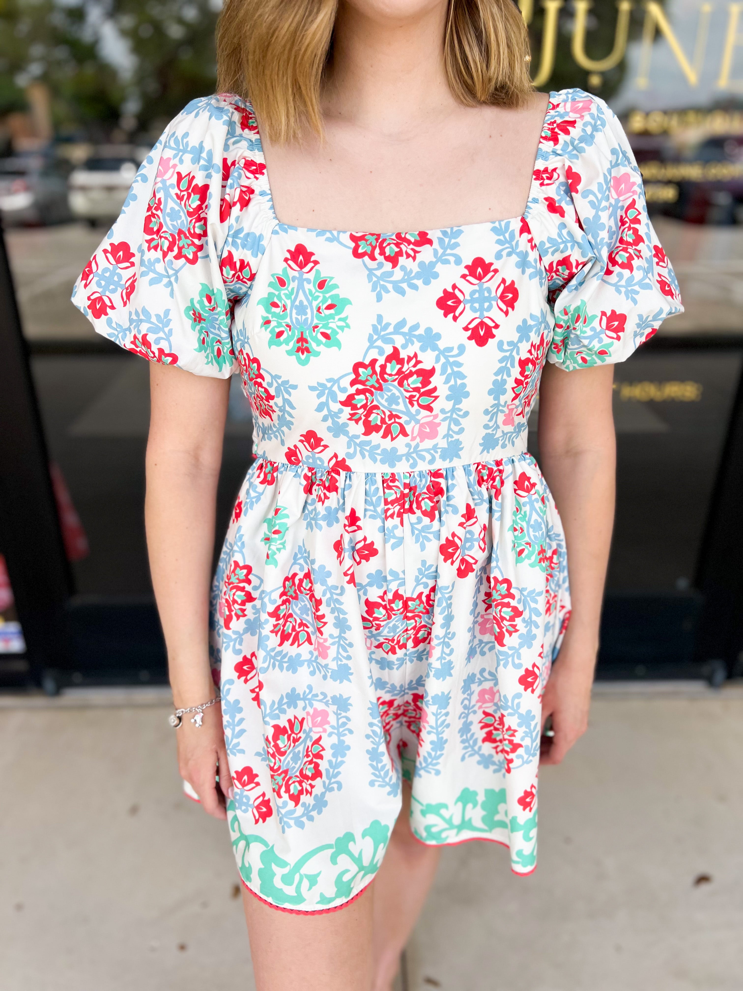 Border Print Puff Sleeve Romper-510 Mini-PEACH LOVE-July & June Women's Fashion Boutique Located in San Antonio, Texas
