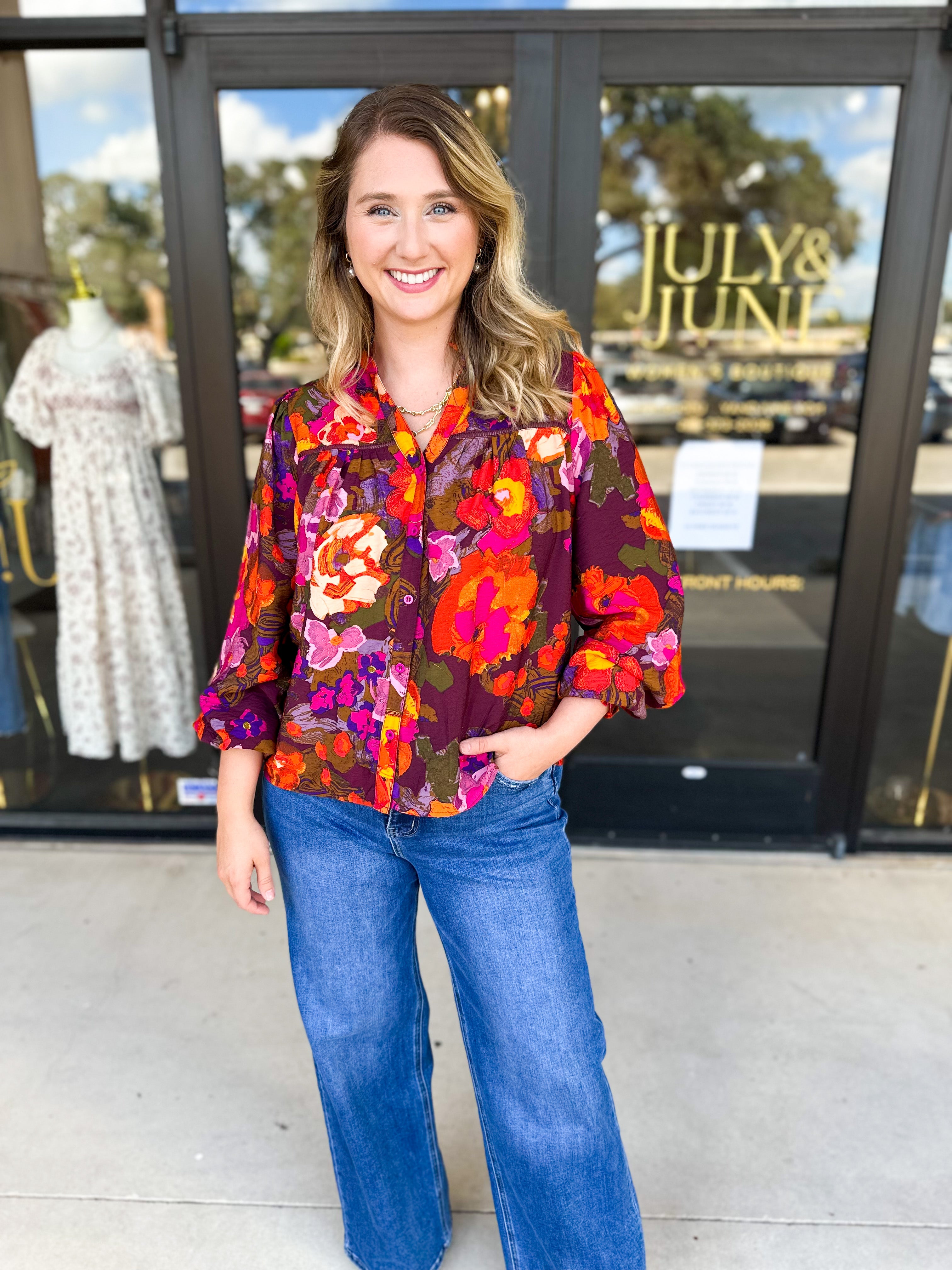 Vibrant Fall Florals Blouse-200 Fashion Blouses-FATE-July & June Women's Fashion Boutique Located in San Antonio, Texas