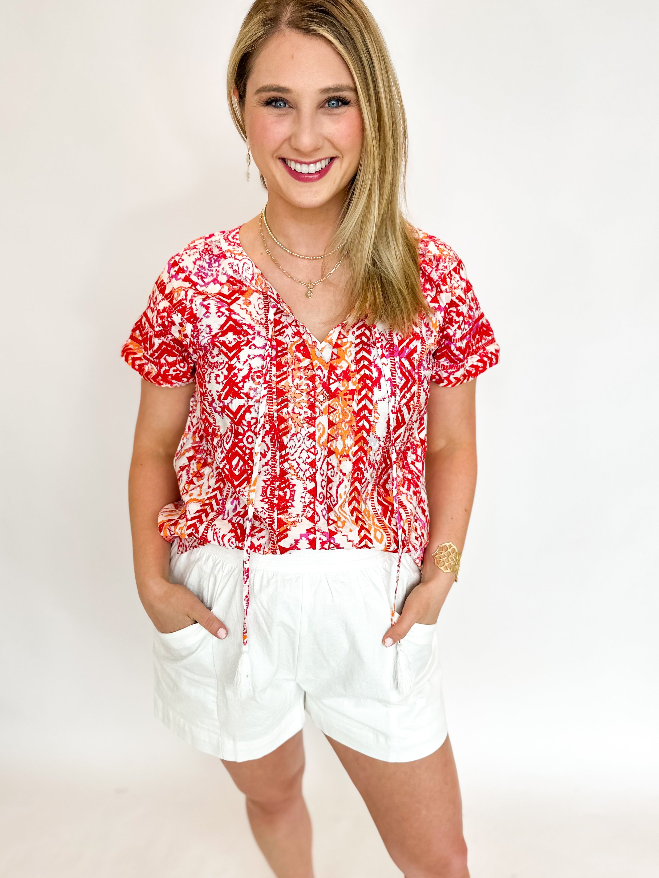 Bold Red Embroidered Blouse-200 Fashion Blouses-ANDREE BY UNIT-July & June Women's Fashion Boutique Located in San Antonio, Texas