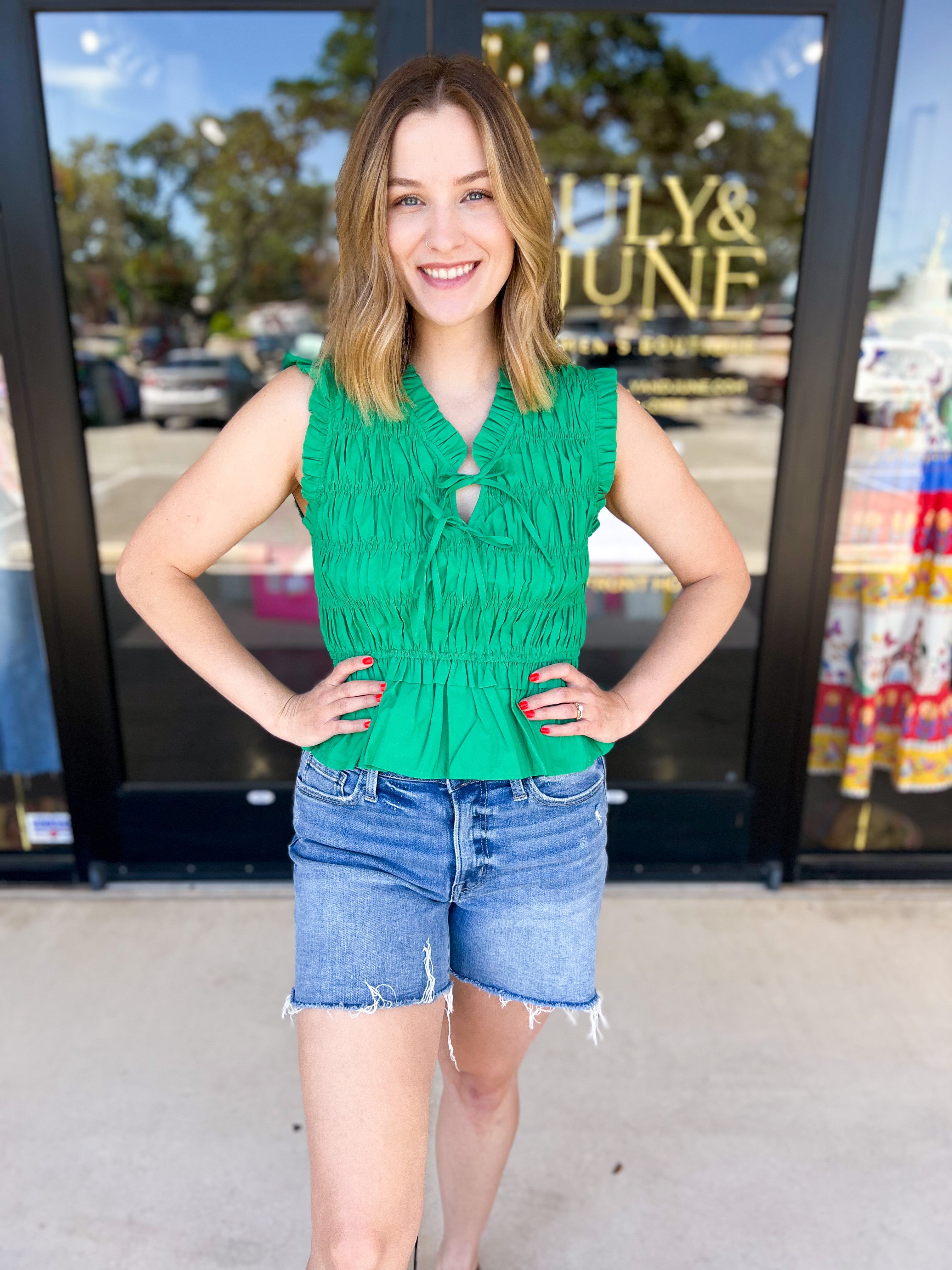 Kelly Green Tied Up Blouse-200 Fashion Blouses-PINCH-July & June Women's Fashion Boutique Located in San Antonio, Texas