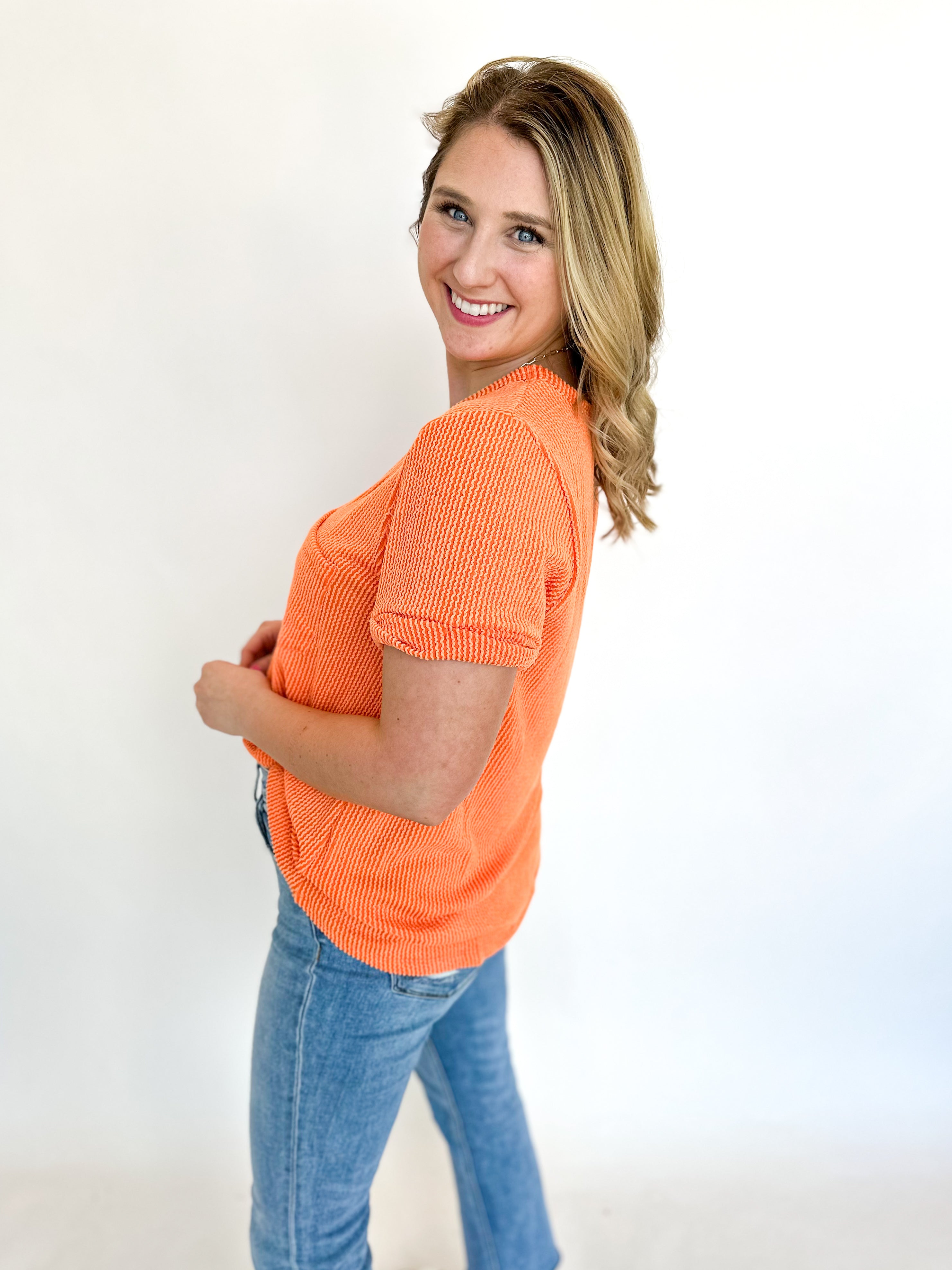 Ribbed V-Neck Tee - Sherbert-210 Casual Blouses-ENTRO-July & June Women's Fashion Boutique Located in San Antonio, Texas