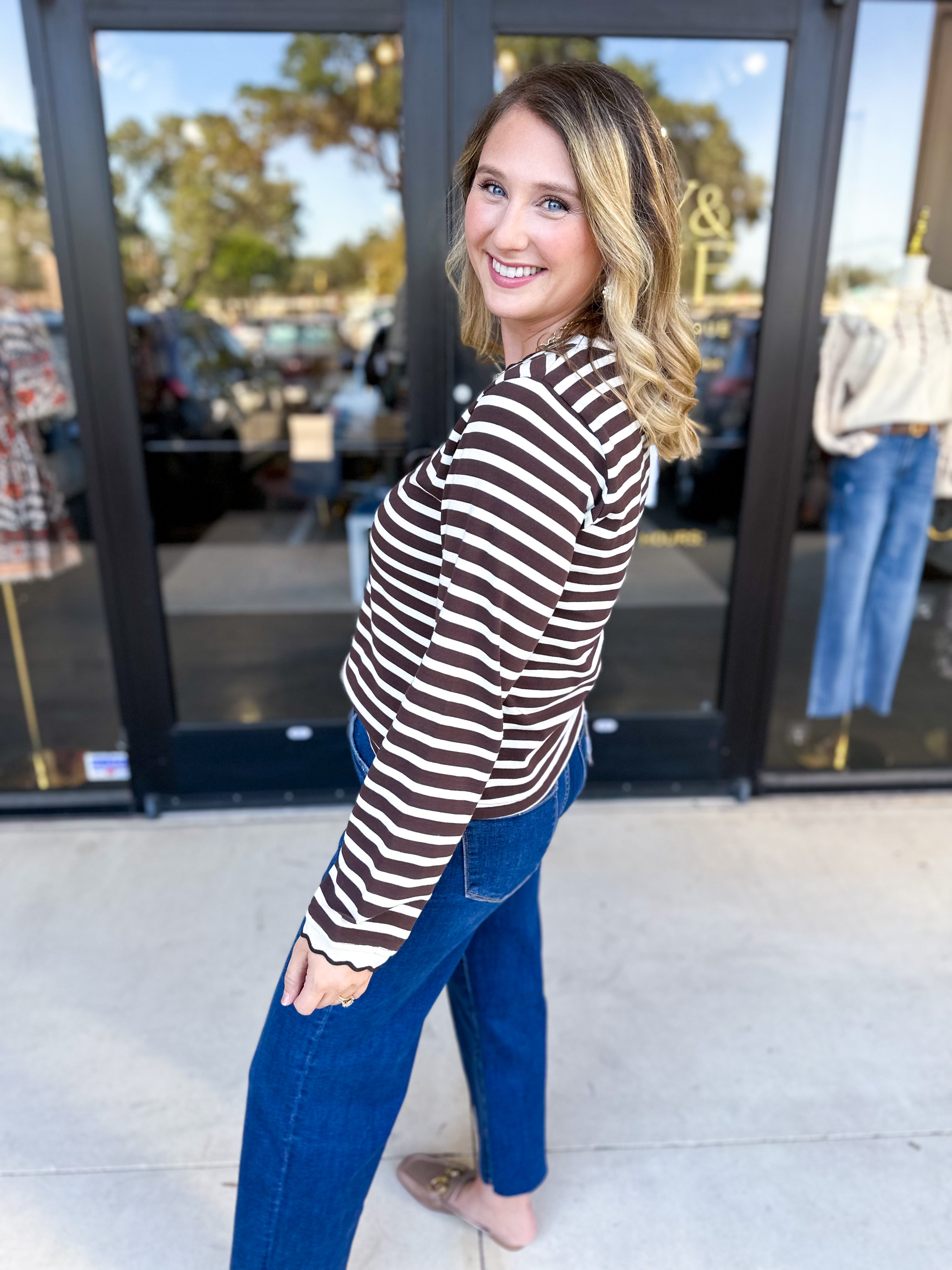 Chocolate Stripe Long Sleeve Top-210 Casual Blouses-POLOGRAM-July & June Women's Fashion Boutique Located in San Antonio, Texas