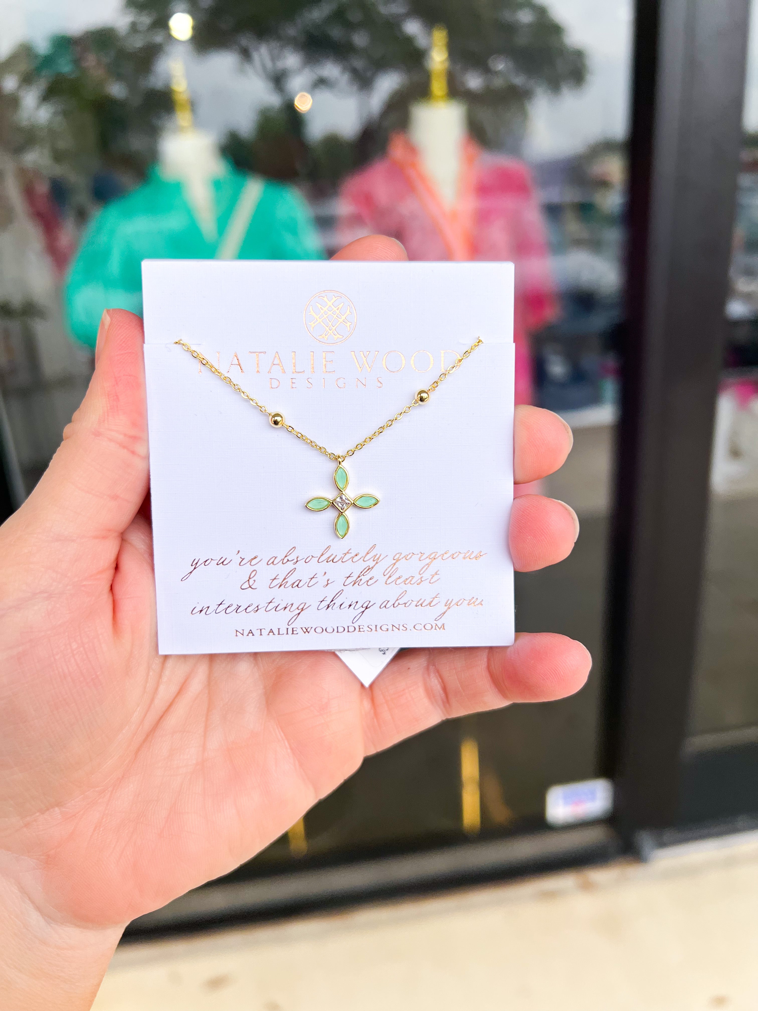 Natalie Wood - Radiant Cross Drop Necklace in Mint-110 Jewelry & Hair-Natalie Wood-July & June Women's Fashion Boutique Located in San Antonio, Texas