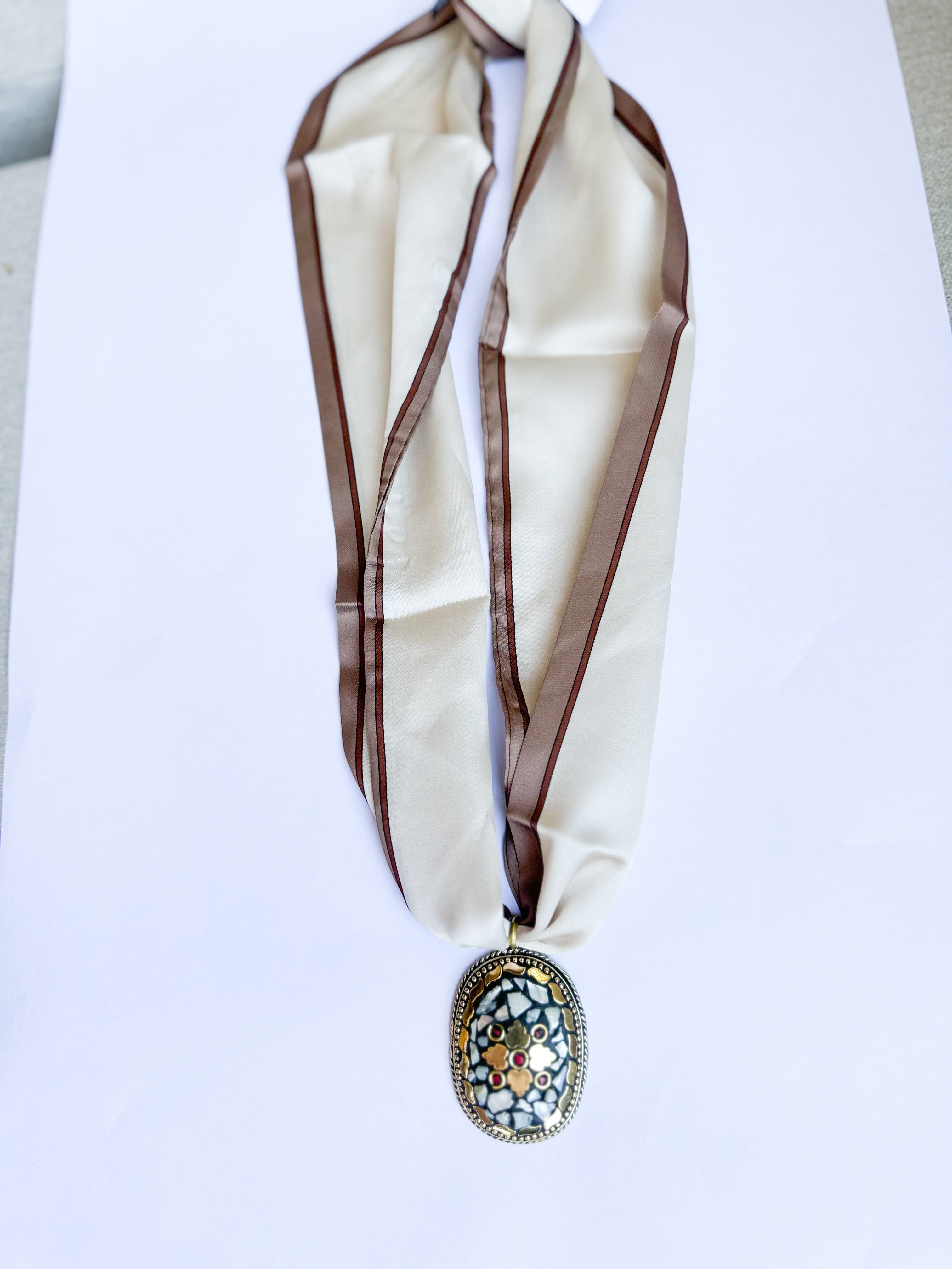 Scarf Necklace - Taupe Oval Medallion-110 Jewelry & Hair-HART DESIGNS-July & June Women's Fashion Boutique Located in San Antonio, Texas